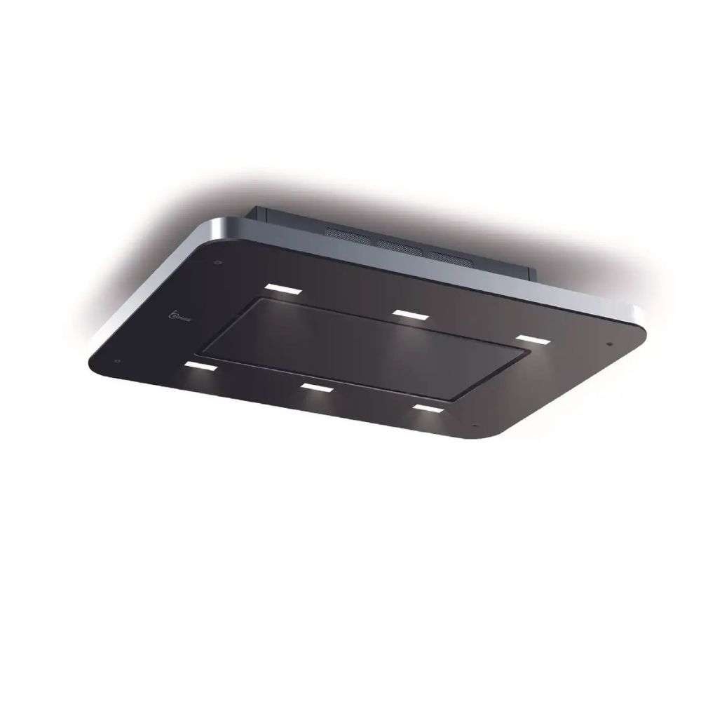 Una moderna cappa da cucina in vetro e metallo con luci.