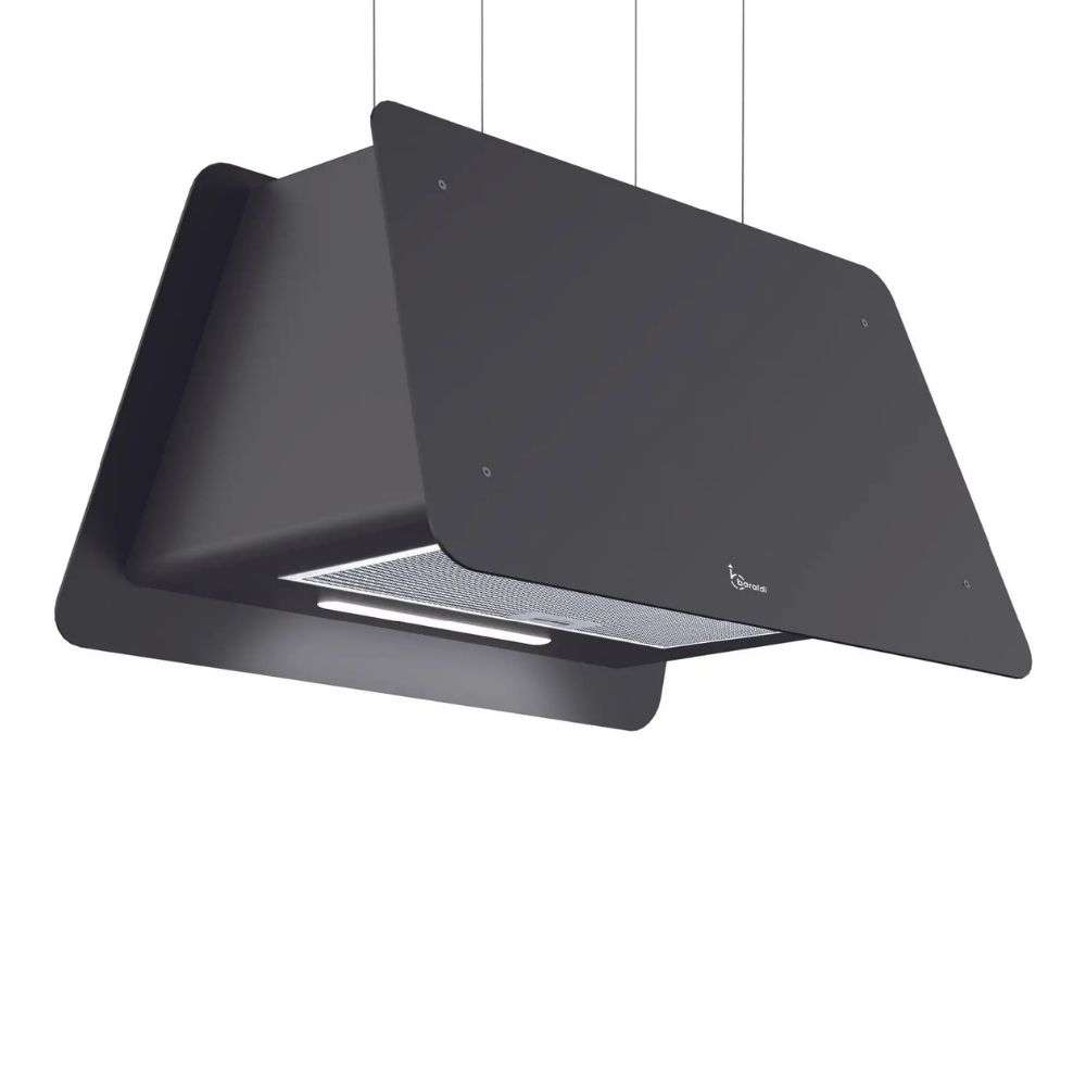 Cappa da cucina grigio scuro con luce e filtro metallico, sospesa al soffitto.