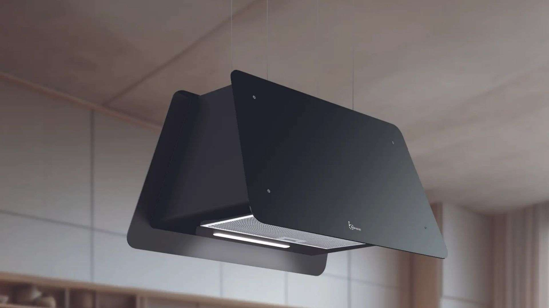 Moderna cappa da cucina nera sospesa al soffitto, con luci.