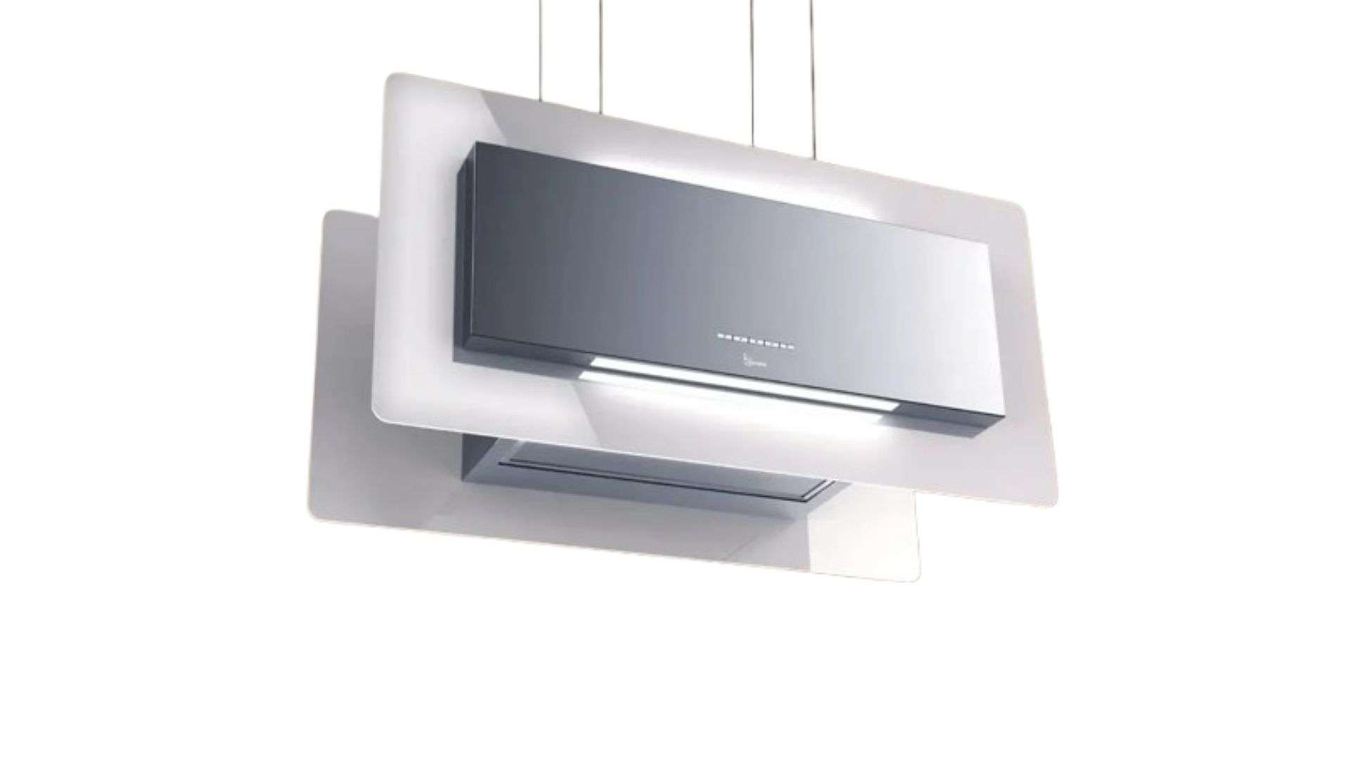 Una cappa da cucina moderna in vetro e metallo, illuminata.