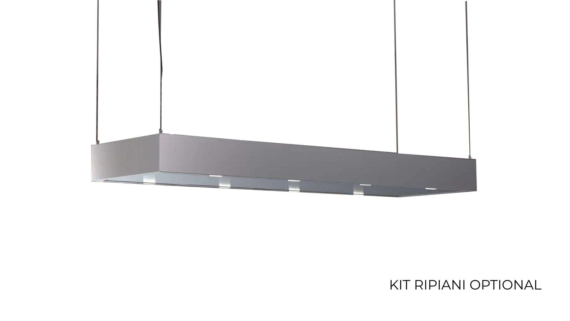Un lampadario rettangolare grigio sospeso con quattro luci.