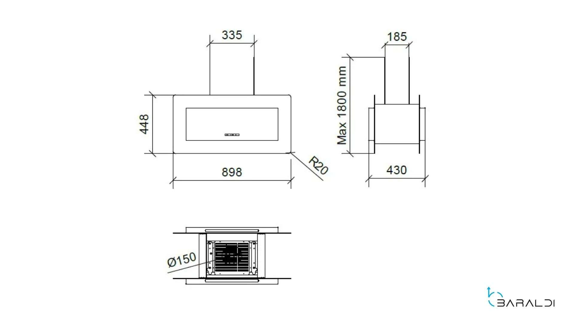 Disegno tecnico di una cappa da cucina con dimensioni.