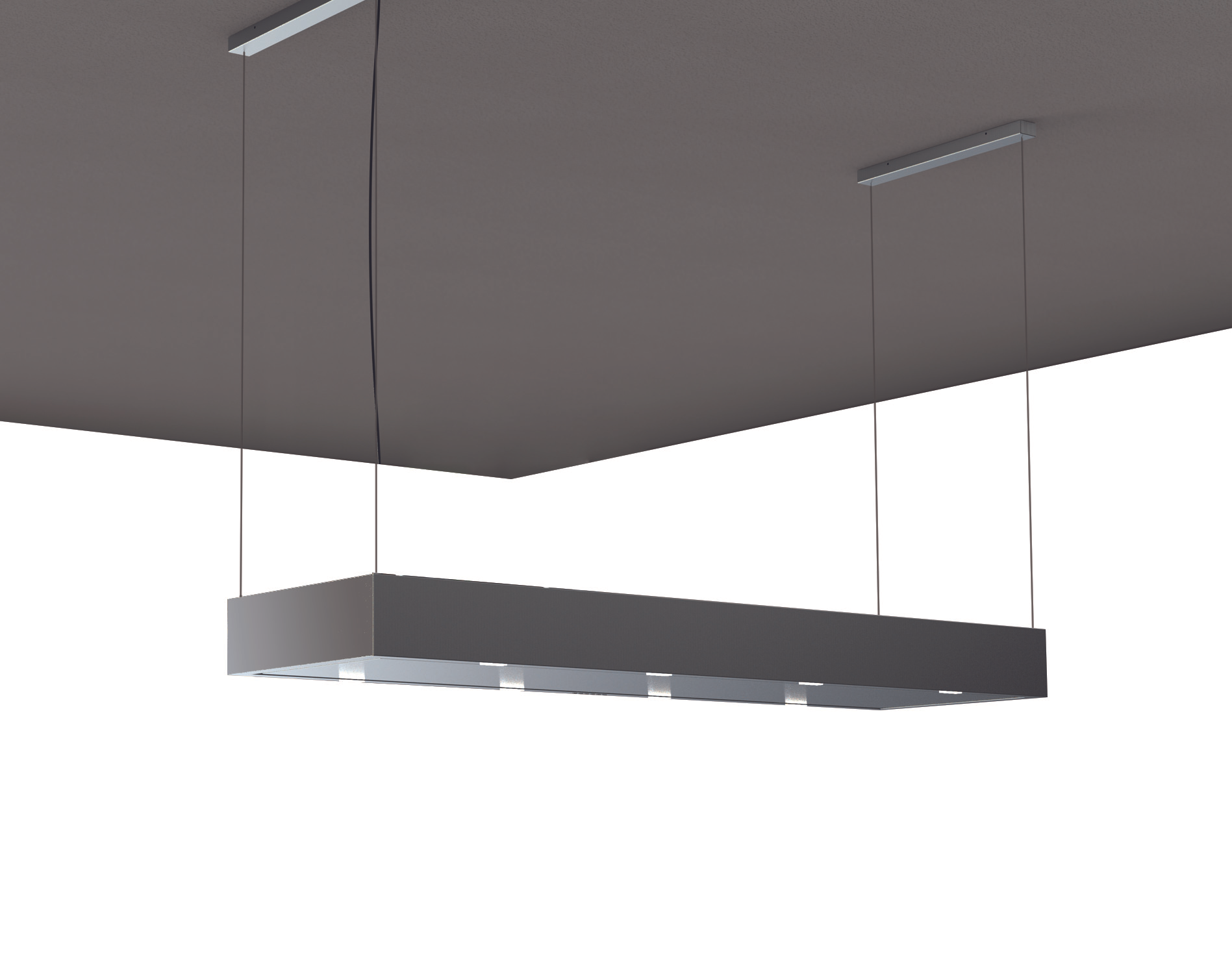 Lampada a sospensione rettangolare con corpo scuro e quattro luci.