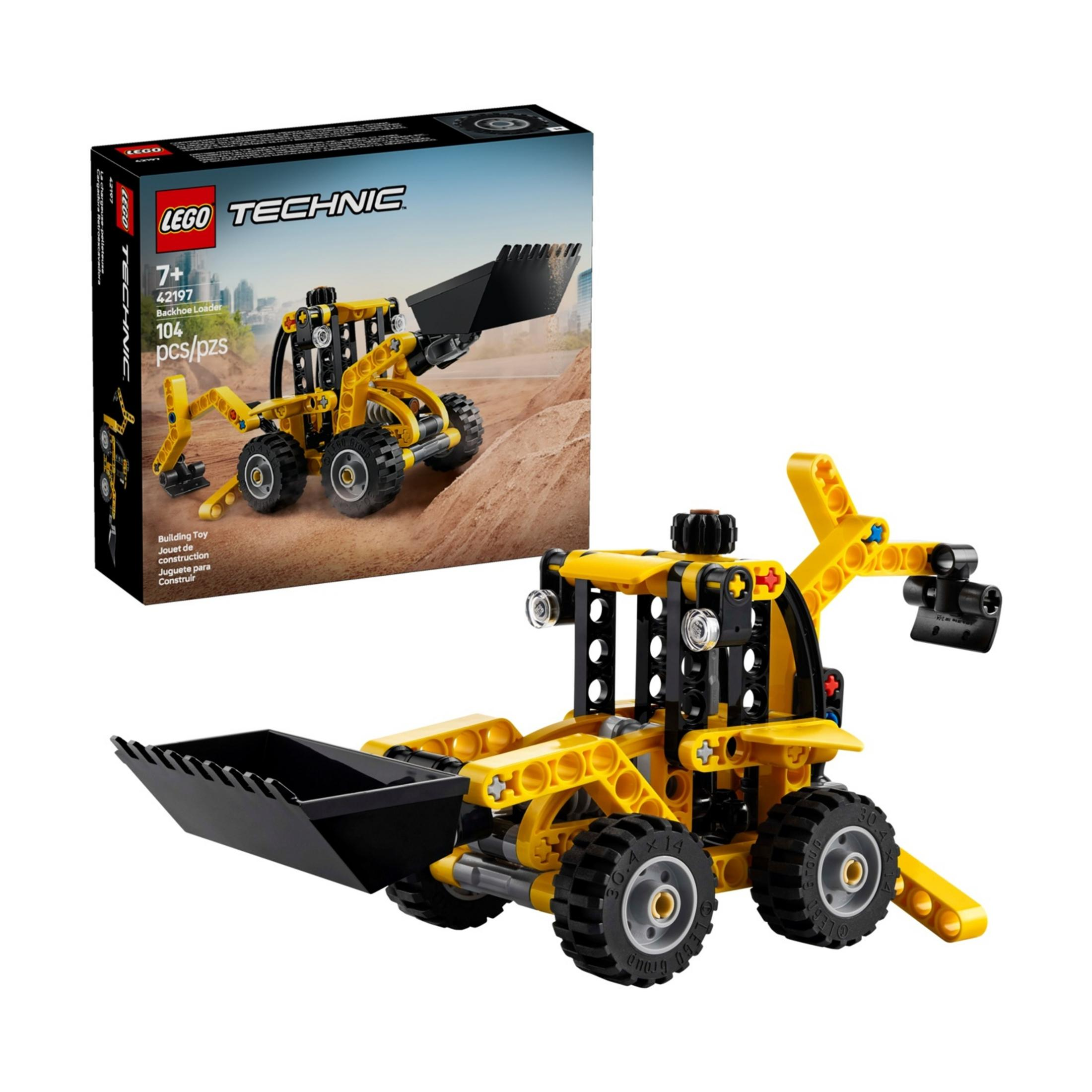 Siyah kürekli ve tekerlekli sarı bir LEGO Technic ekskavatör yükleyici.