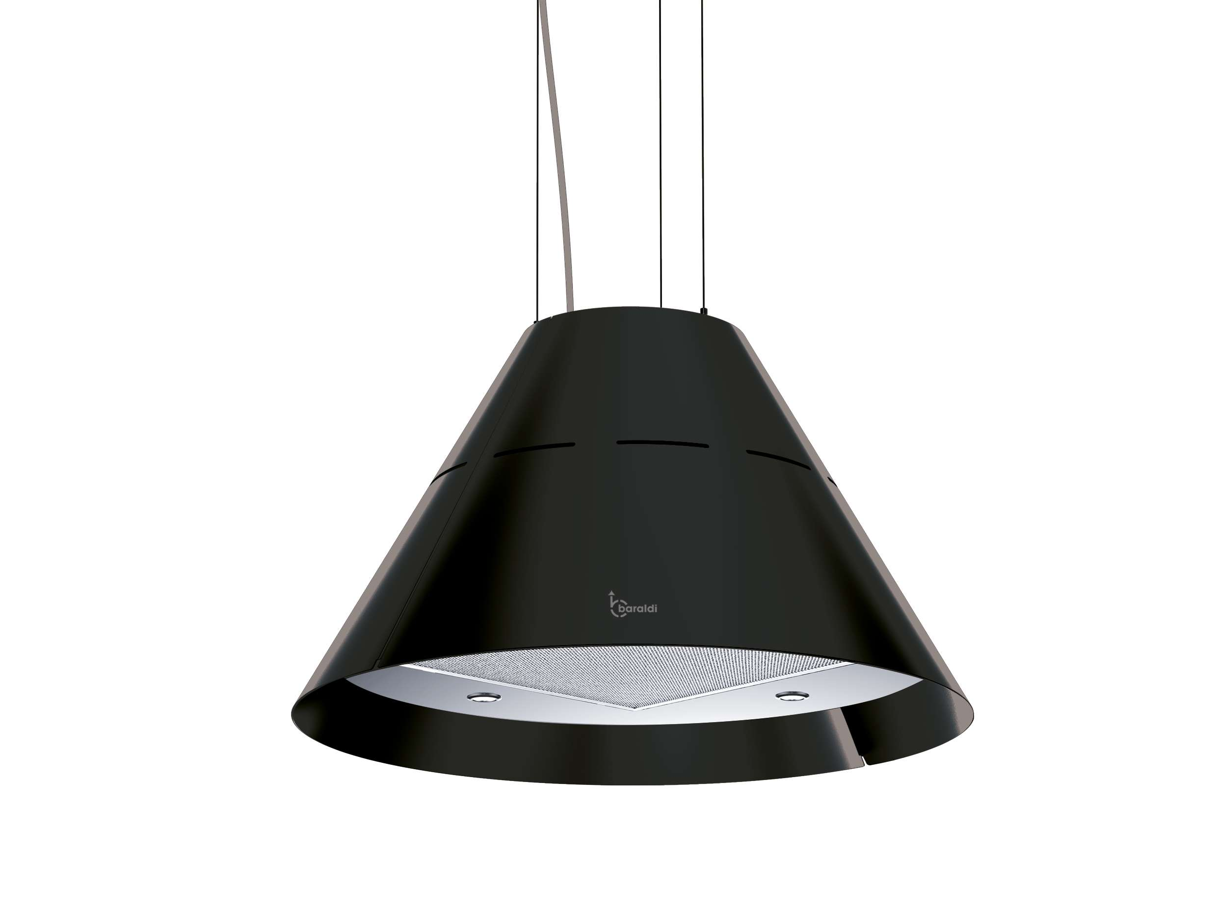 Cappa da cucina nera con filtro argento e luci, sospesa.