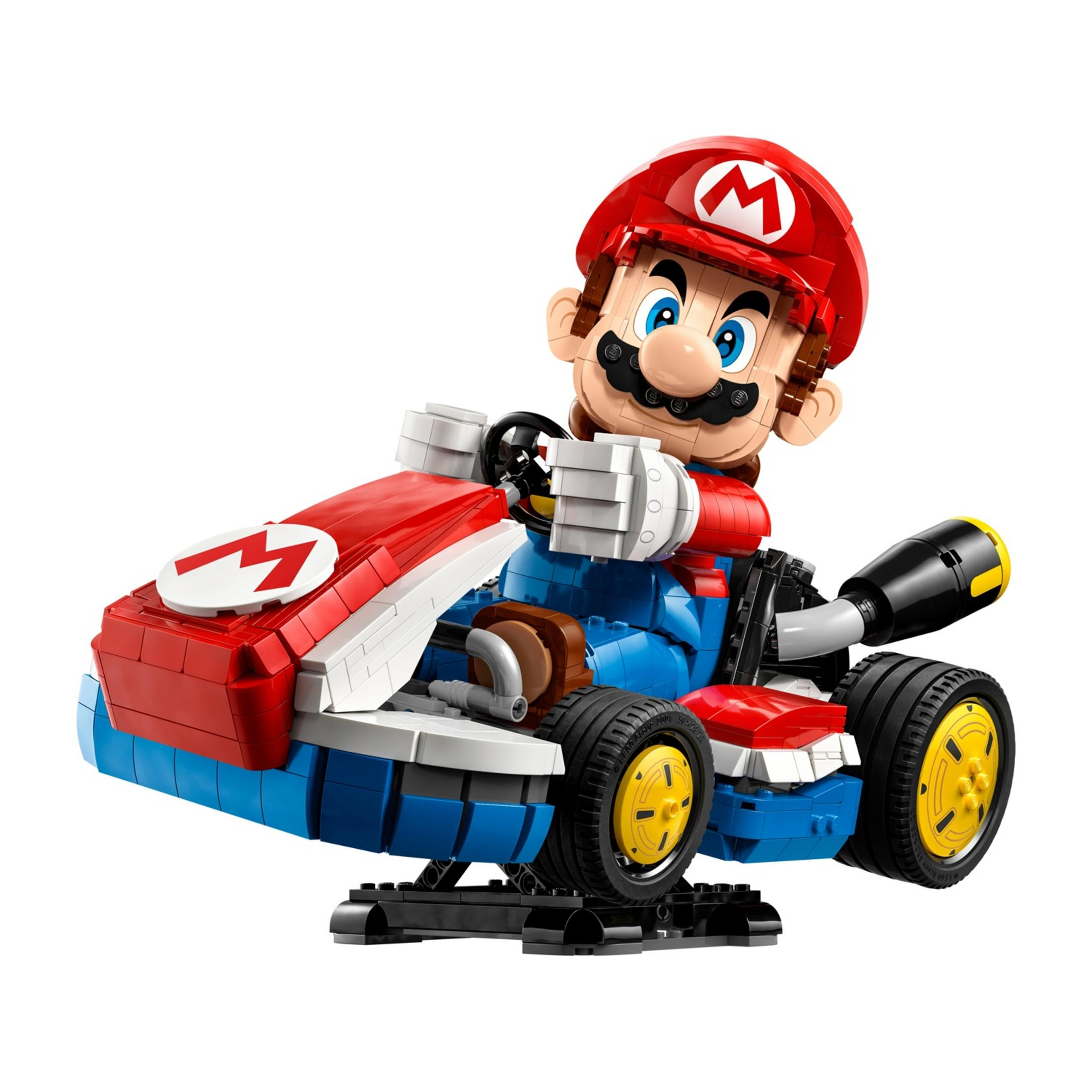 Personaggio di Mario in un Go-Kart rosso e blu con ruote gialle.