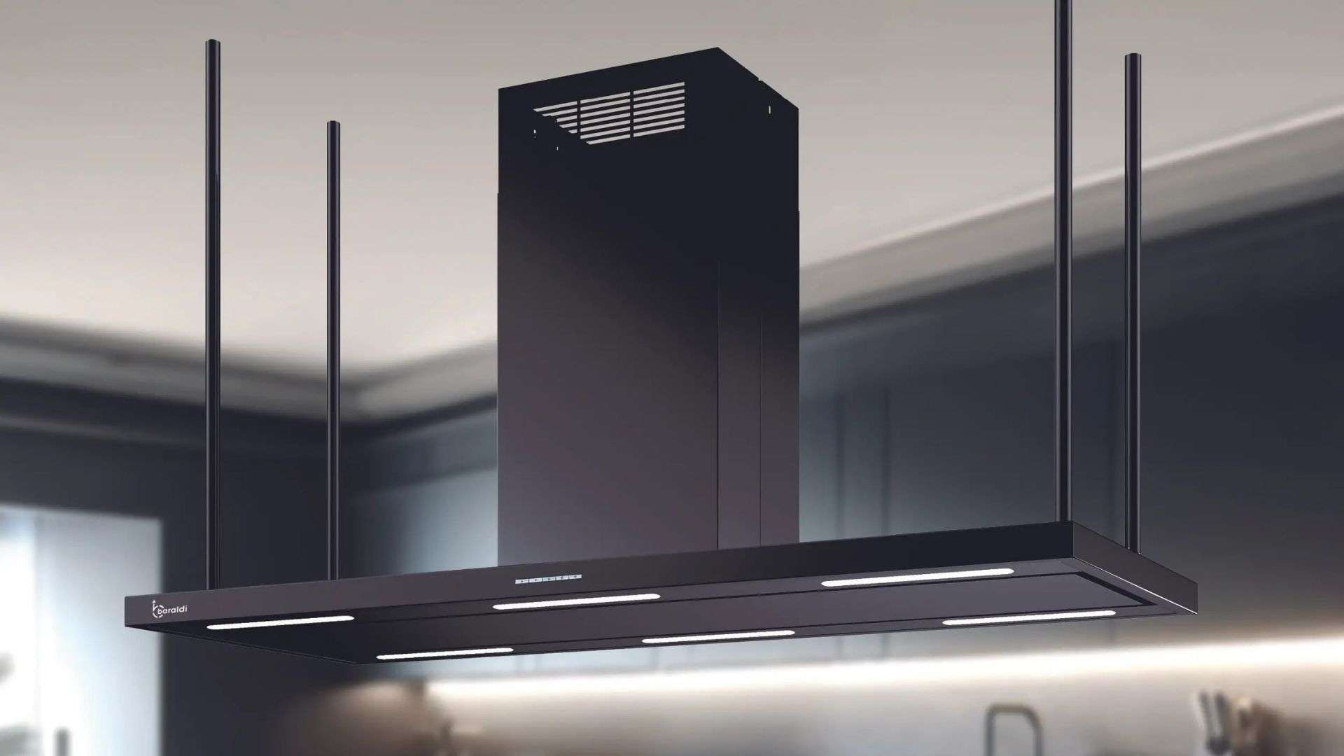 Cappa aspirante nera con luci, sospesa al soffitto.