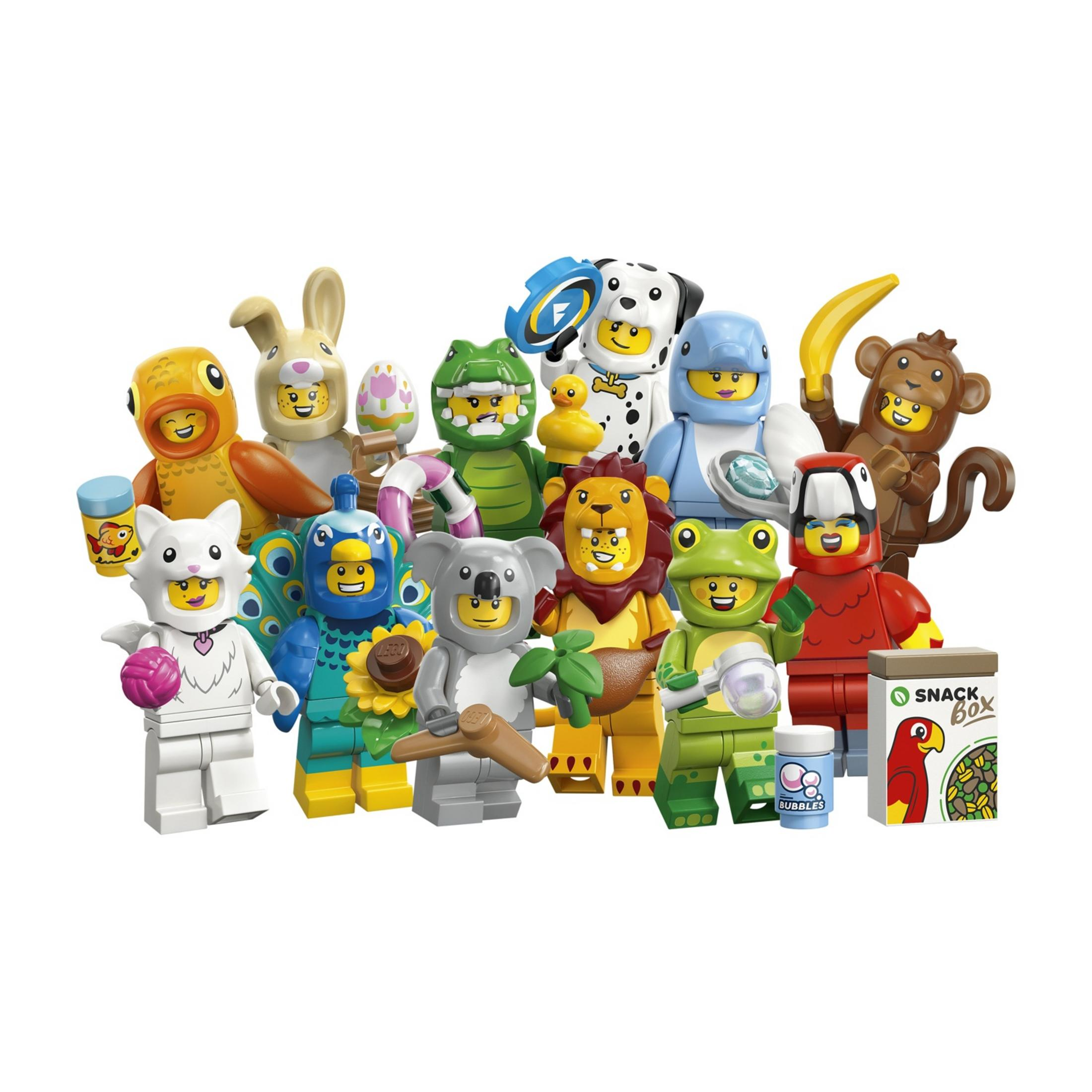 Lego figures in animal costumes: cat, koala, frog, dog, monkey, parrot, bird, bunny.