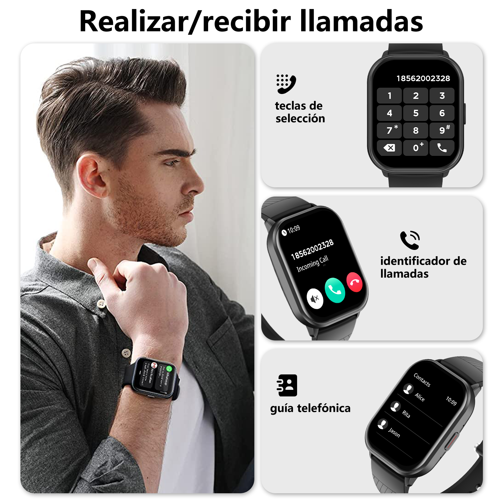 Hombre con smartwatch mostrando funciones de llamada: teclado, llamada entrante, contactos.