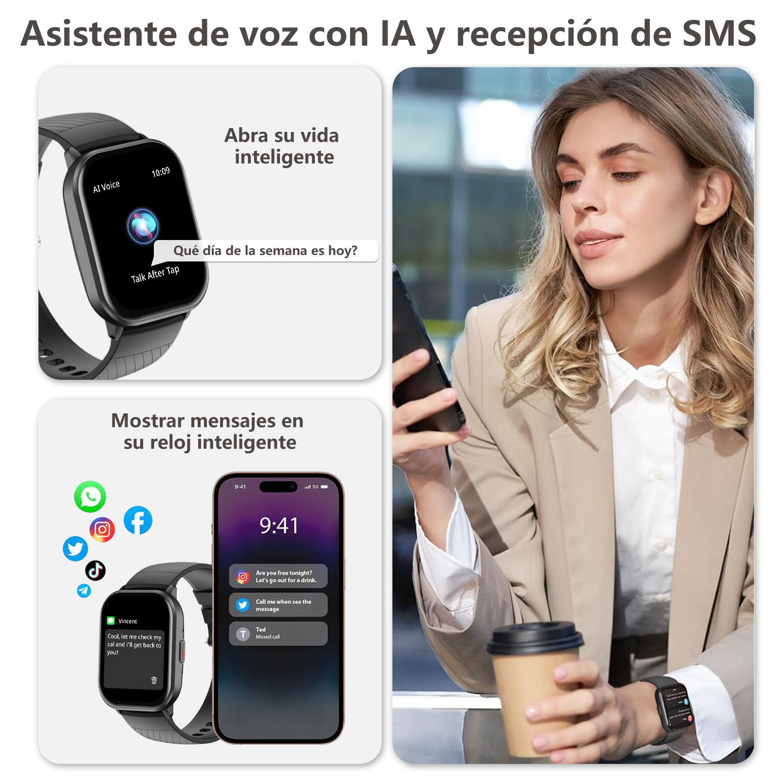 Reloj inteligente muestra asistente IA y SMS. Mujer con café y teléfono. Apps.