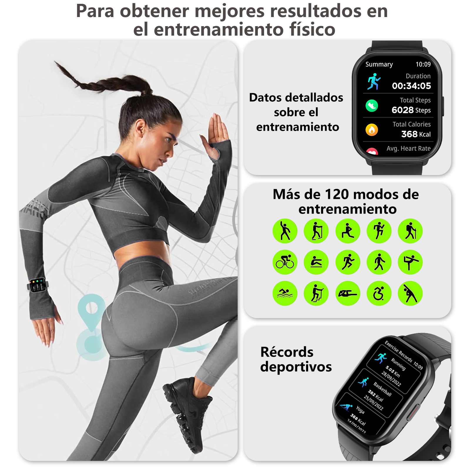 Corredora con ropa deportiva y smartwatch, mostrando estadísticas y modos.