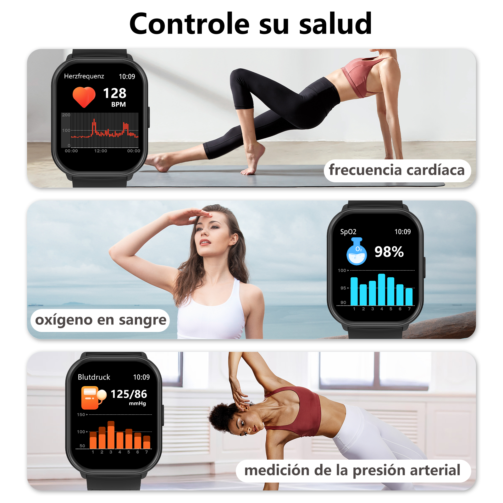Reloj inteligente muestra frecuencia cardíaca, oxígeno y presión arterial; mujeres entrenan.