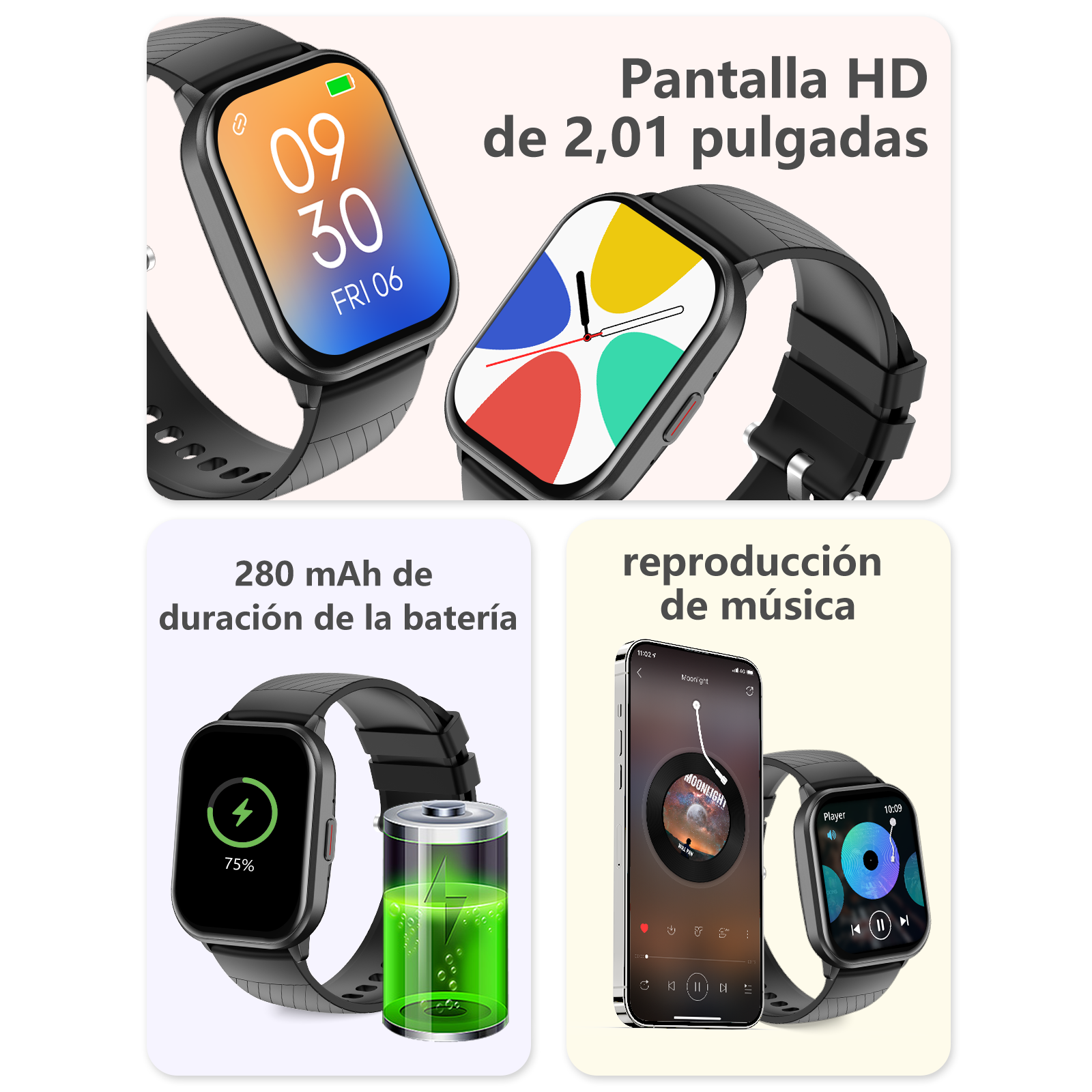 Modernos smartwatches con pantalla HD, batería duradera y control de música.