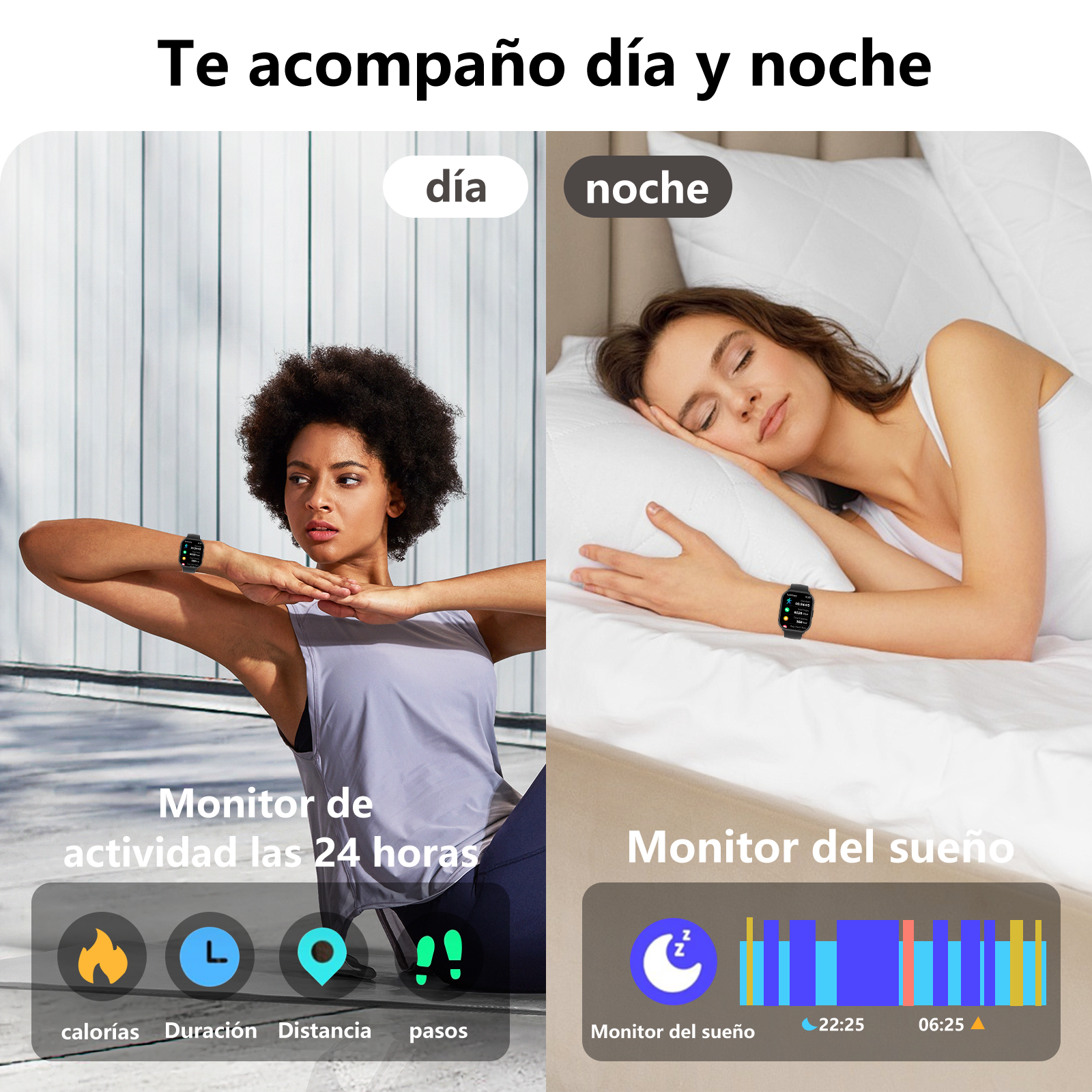 Mujer entrenando de día, mujer durmiendo de noche. Reloj inteligente muestra actividad.
