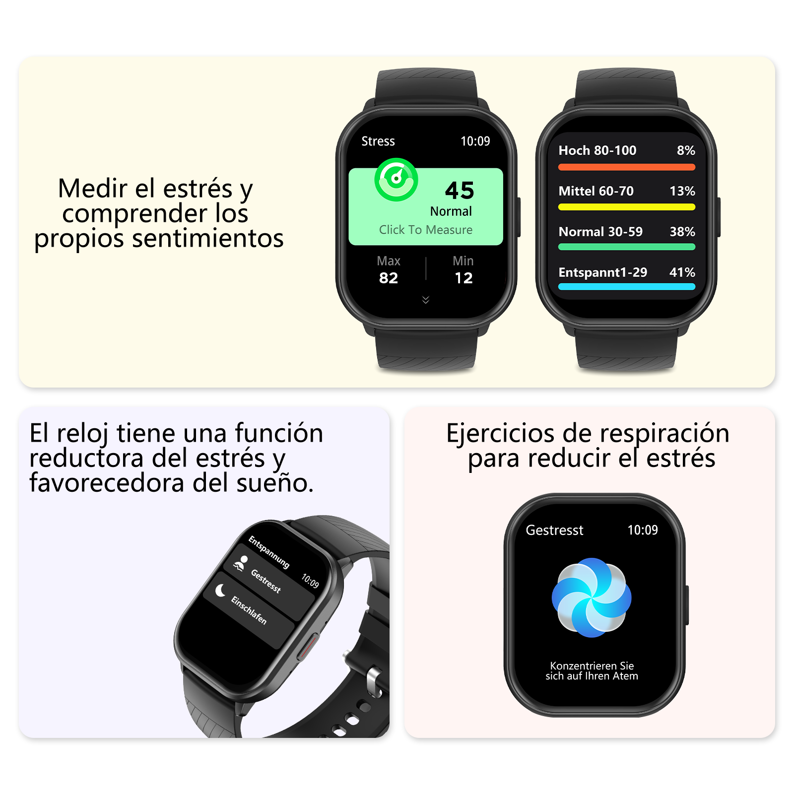 Un reloj inteligente muestra datos de nivel de estrés y opciones de relajación.