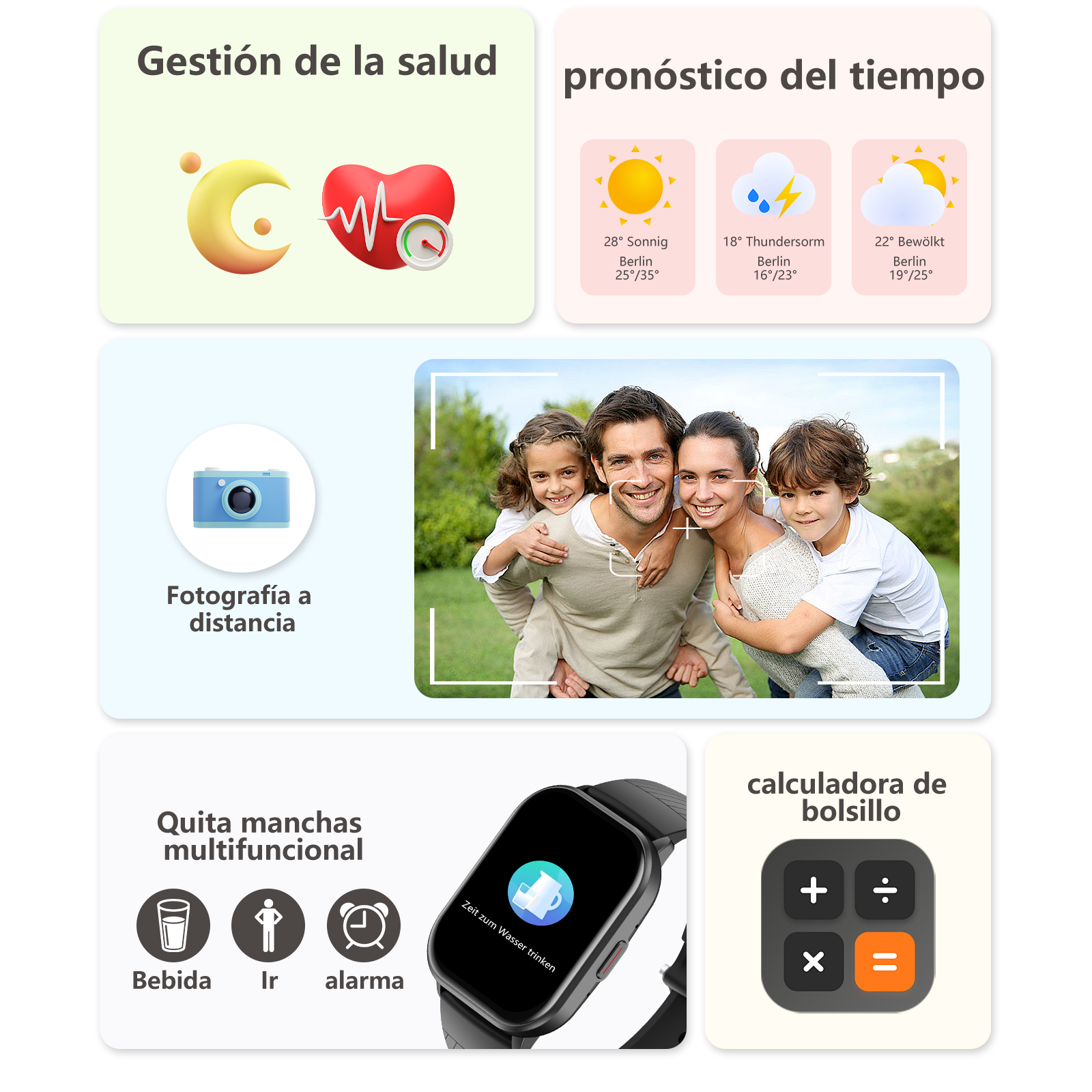 Gestión de salud, pronóstico del tiempo, fotografía remota, reloj inteligente.