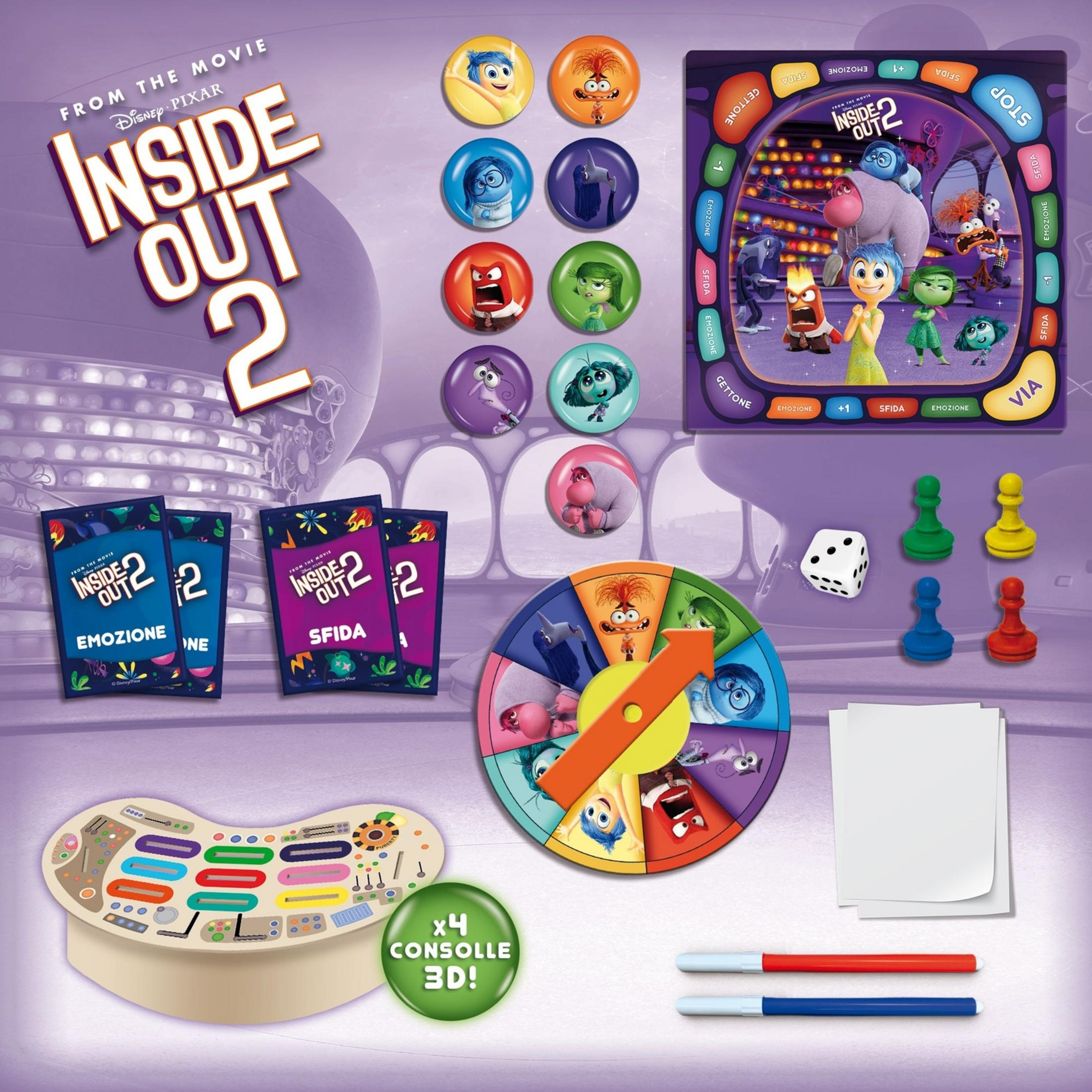 Inside Out 2 Brettspiel mit Charakteren, Karten, Würfel und Spielbrett.
