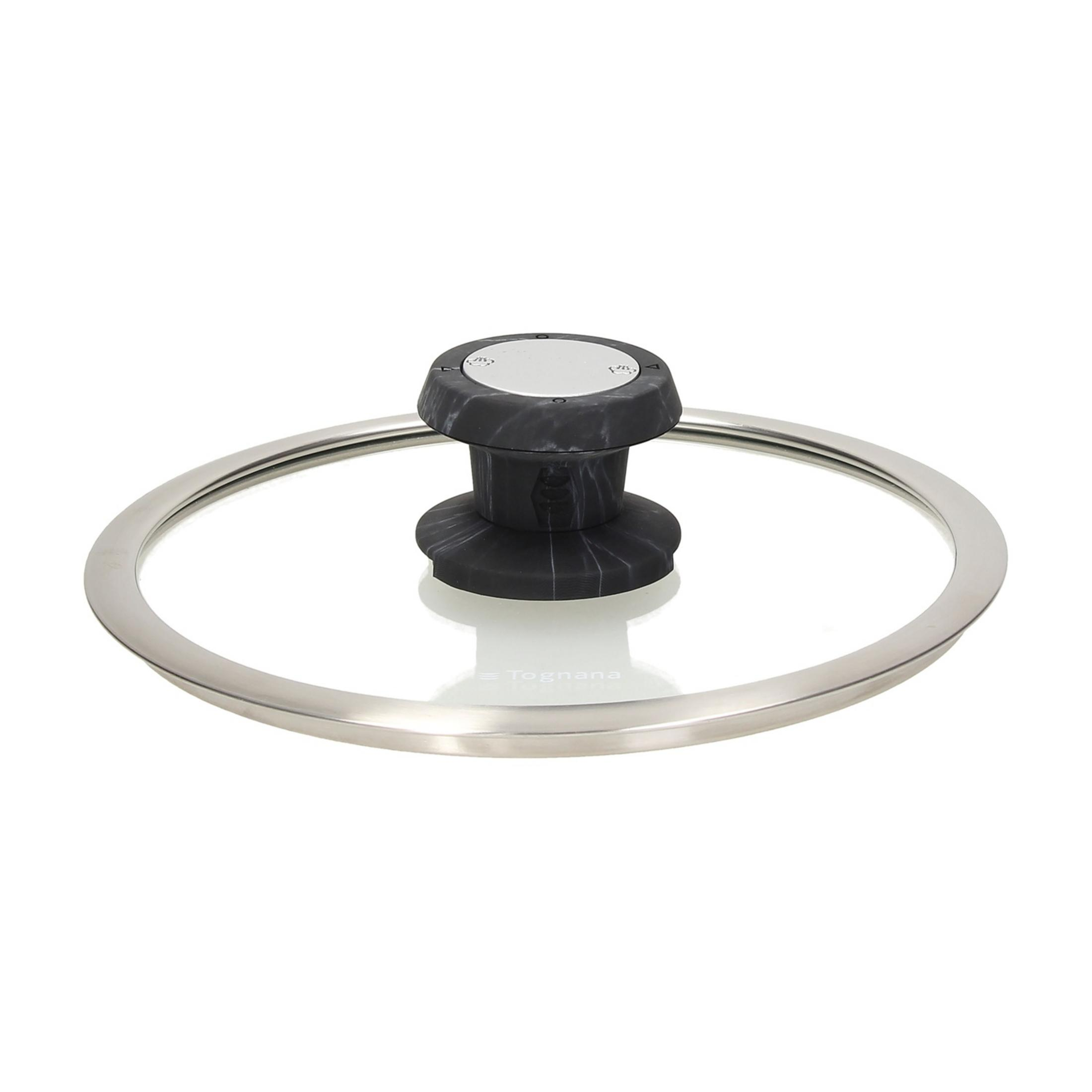 Coperchio pentola in vetro con manico marmo nero e bordo inox.