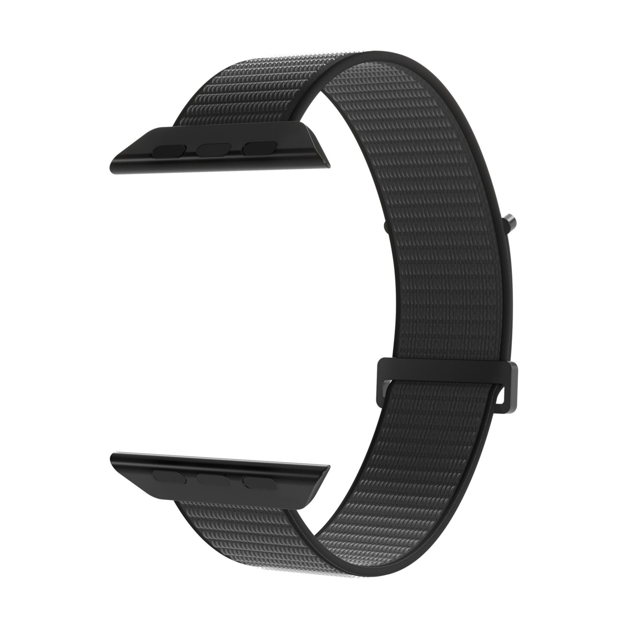 Una correa de reloj negra texturizada con conectores negros.
