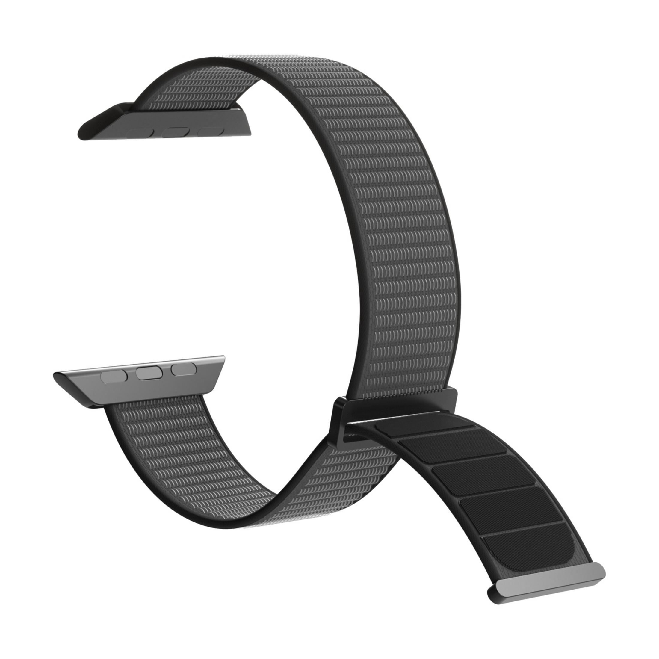 Una correa de reloj gris oscuro de tela con textura y conectores metálicos.