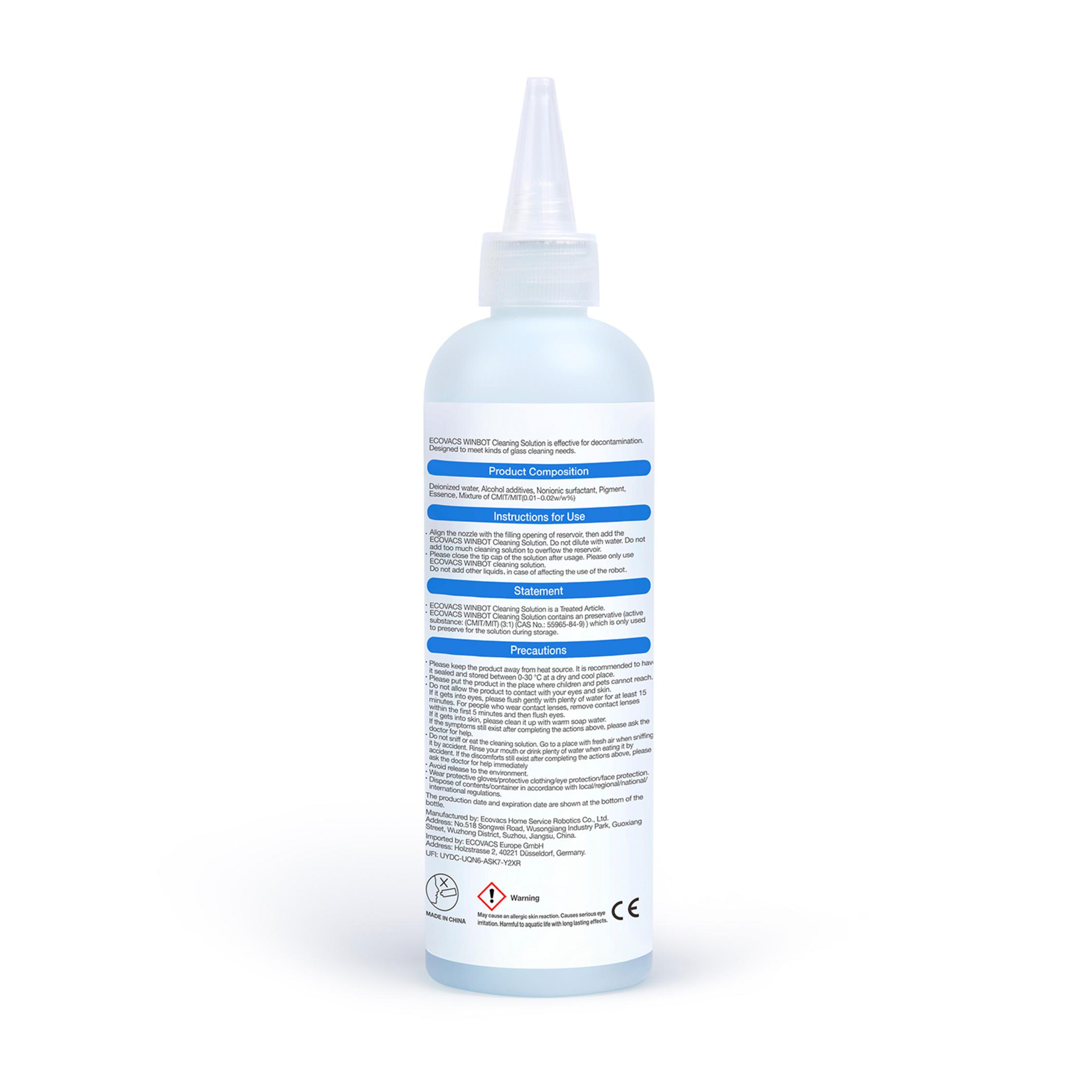 Butelka płynu czyszczącego do robotów, z instrukcją.
