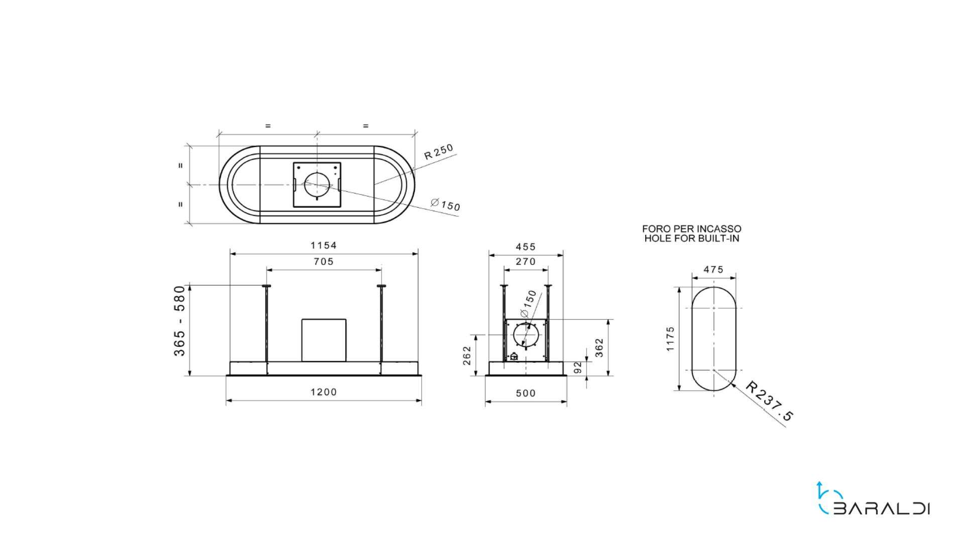 Disegno tecnico con dimensioni di un oggetto ovale con un cerchio centrale.