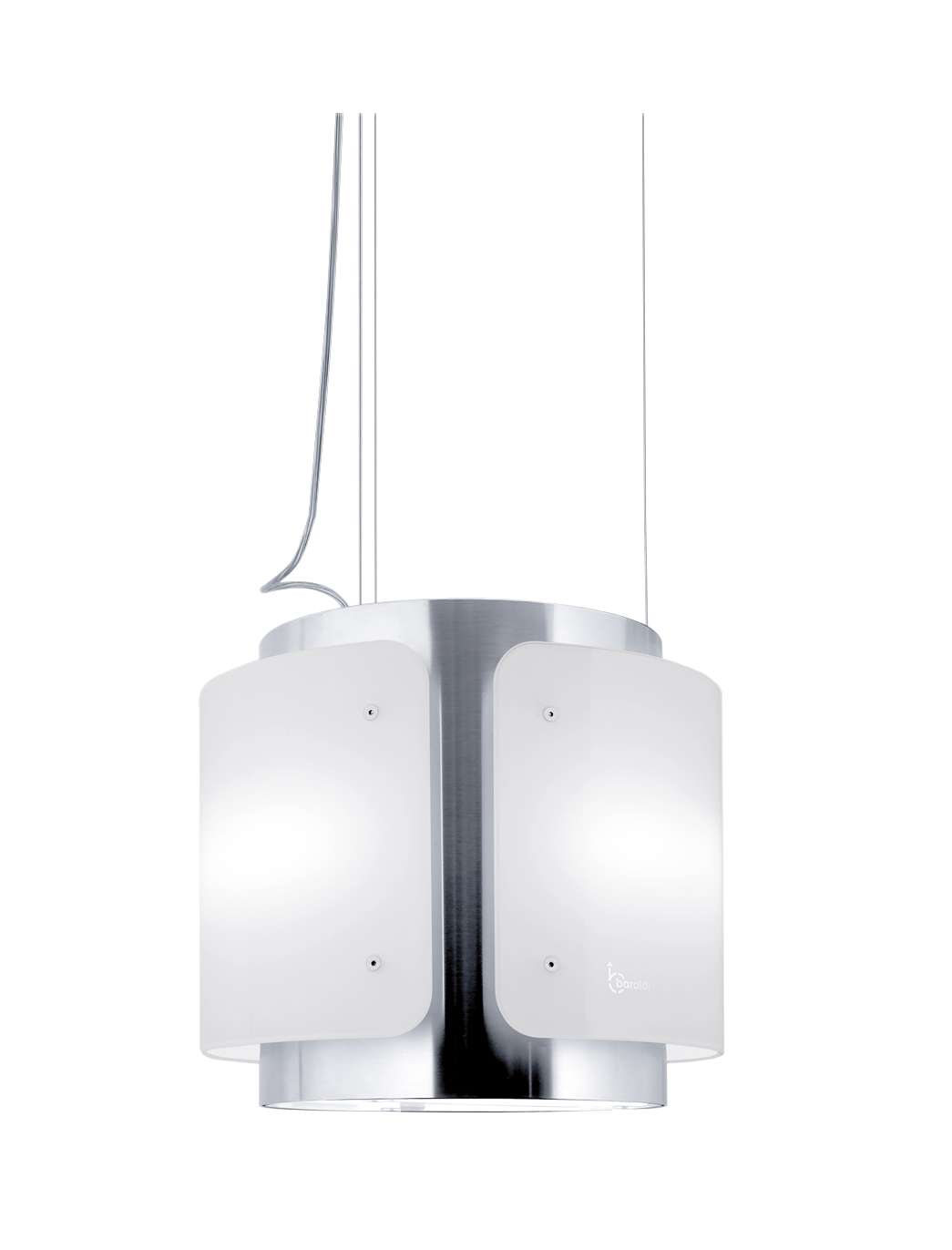 Una lampada da soffitto moderna con corpo in metallo e pannelli in vetro satinato.