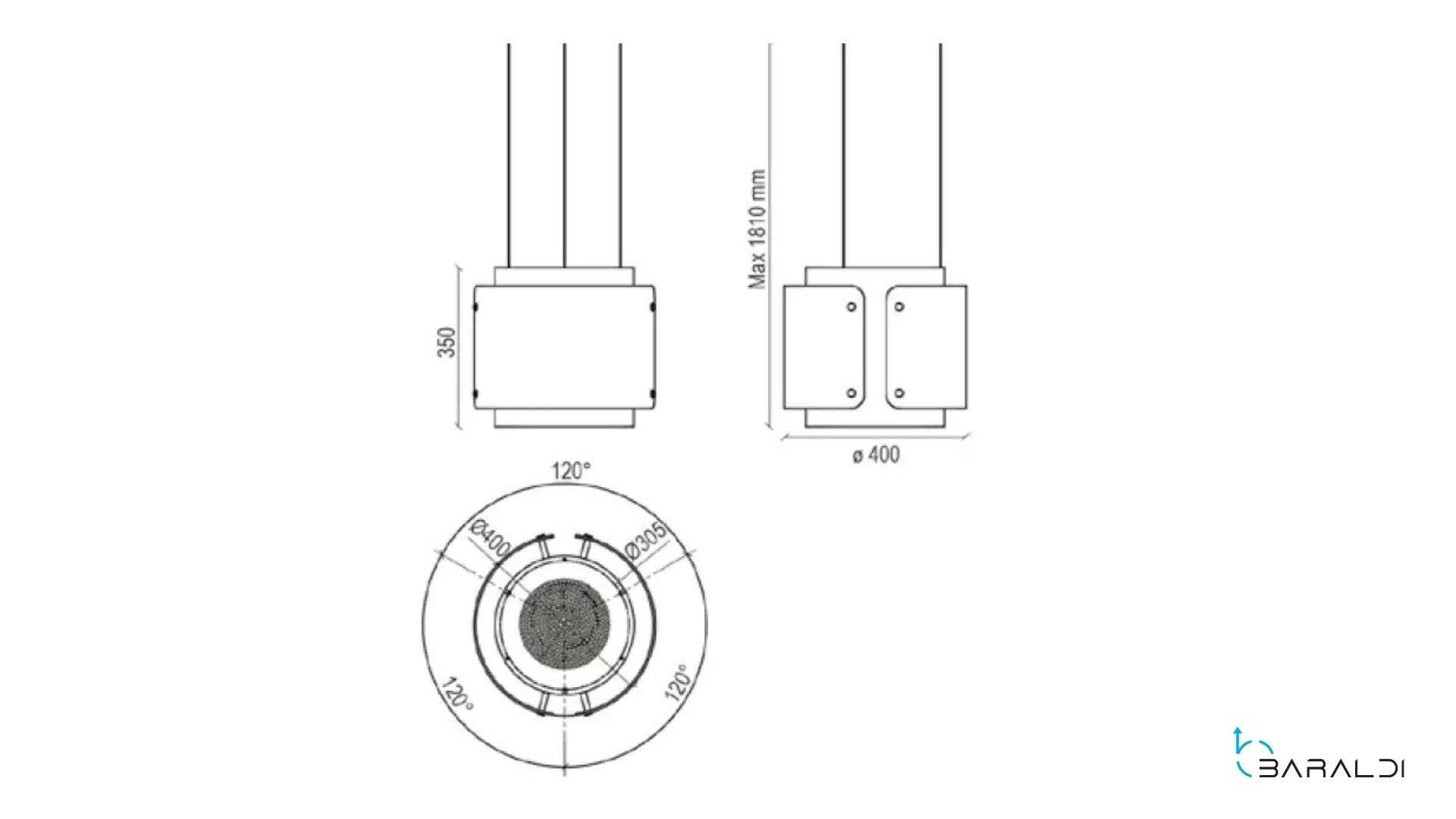 Disegno tecnico di un oggetto cilindrico con dimensioni e viste.