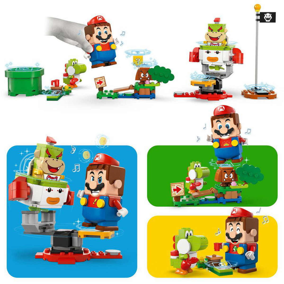 Set Lego di Mario e Yoshi con varie scene e personaggi.