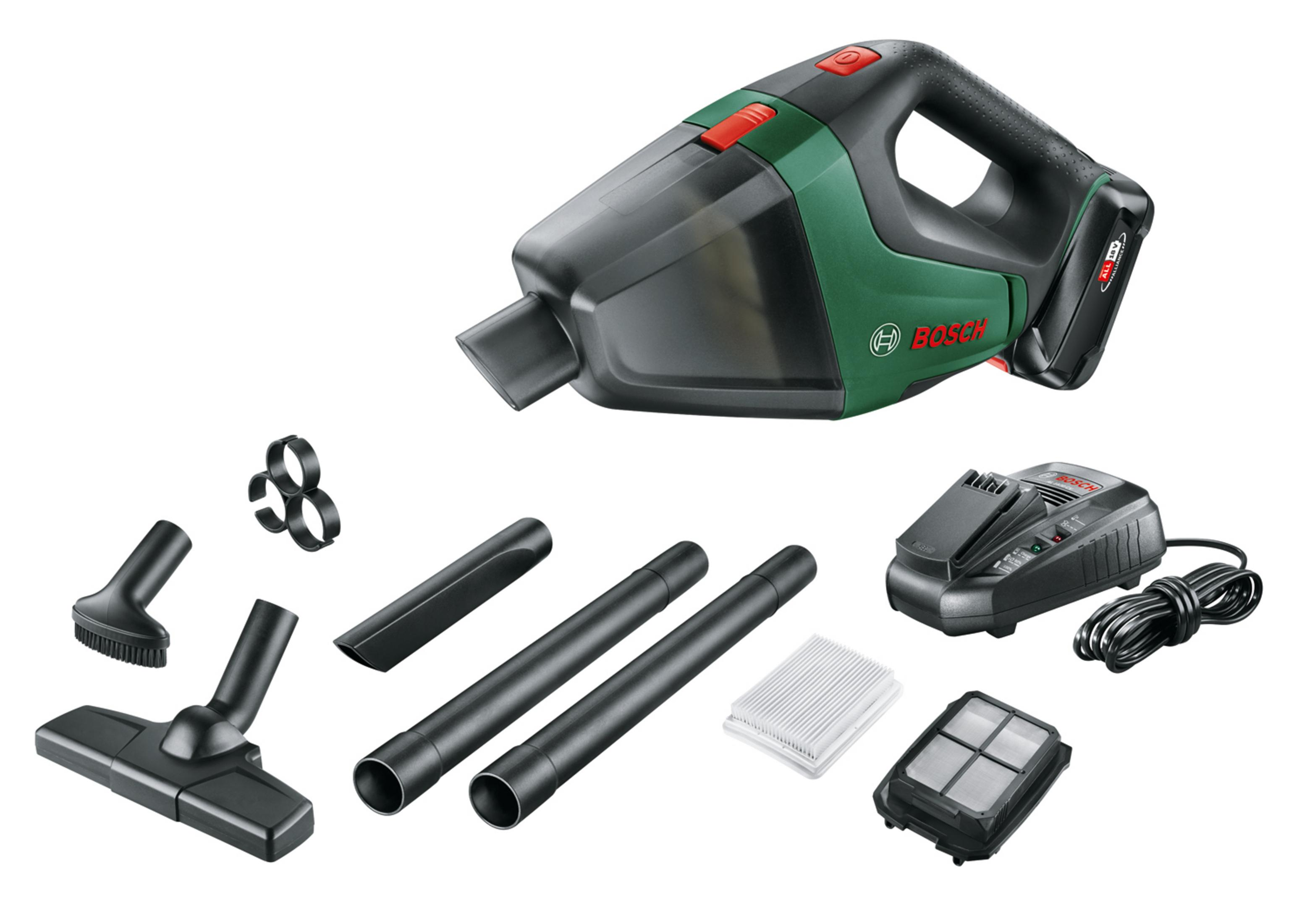 Bosch el süpürgesi aksesuarlarıyla: şarj cihazı, pil, fırça başlığı, borular, filtre.