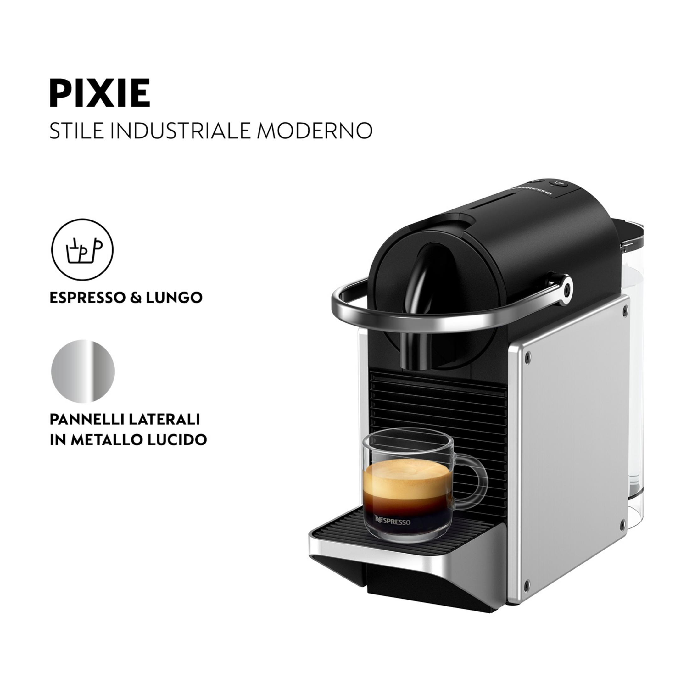 Czarna ekspres do kawy z srebrnymi akcentami i filiżanką espresso.