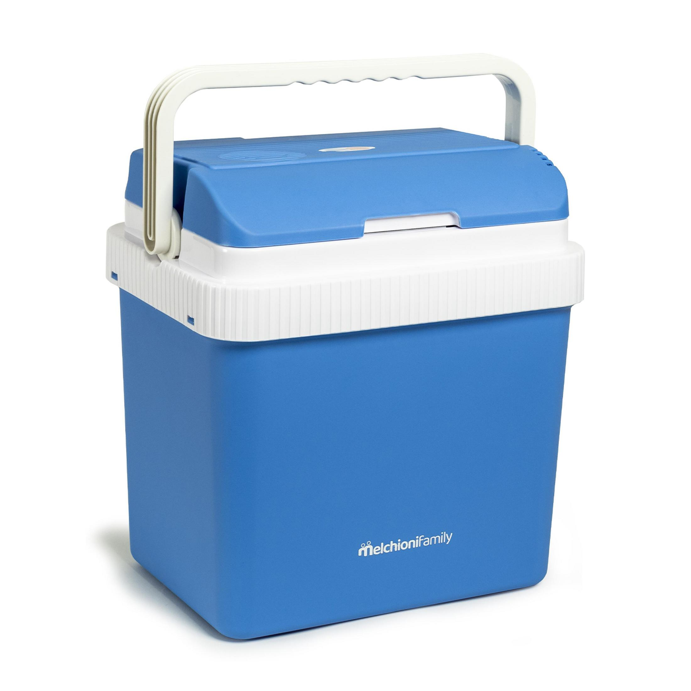 Niebiesko-biała lodówka turystyczna z białym uchwytem.