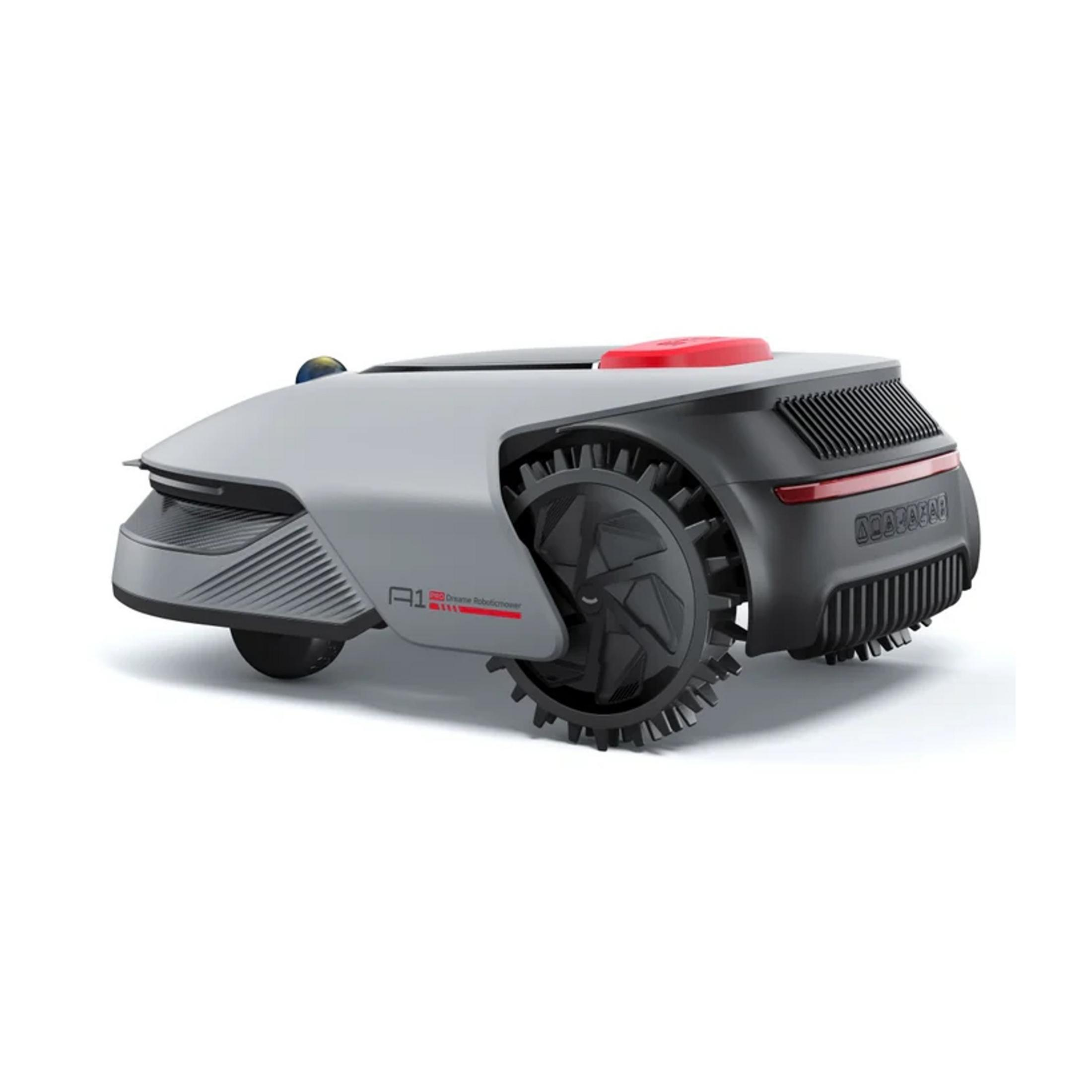 Tosaerba robotizzato grigio con ruote grandi e pulsante rosso.