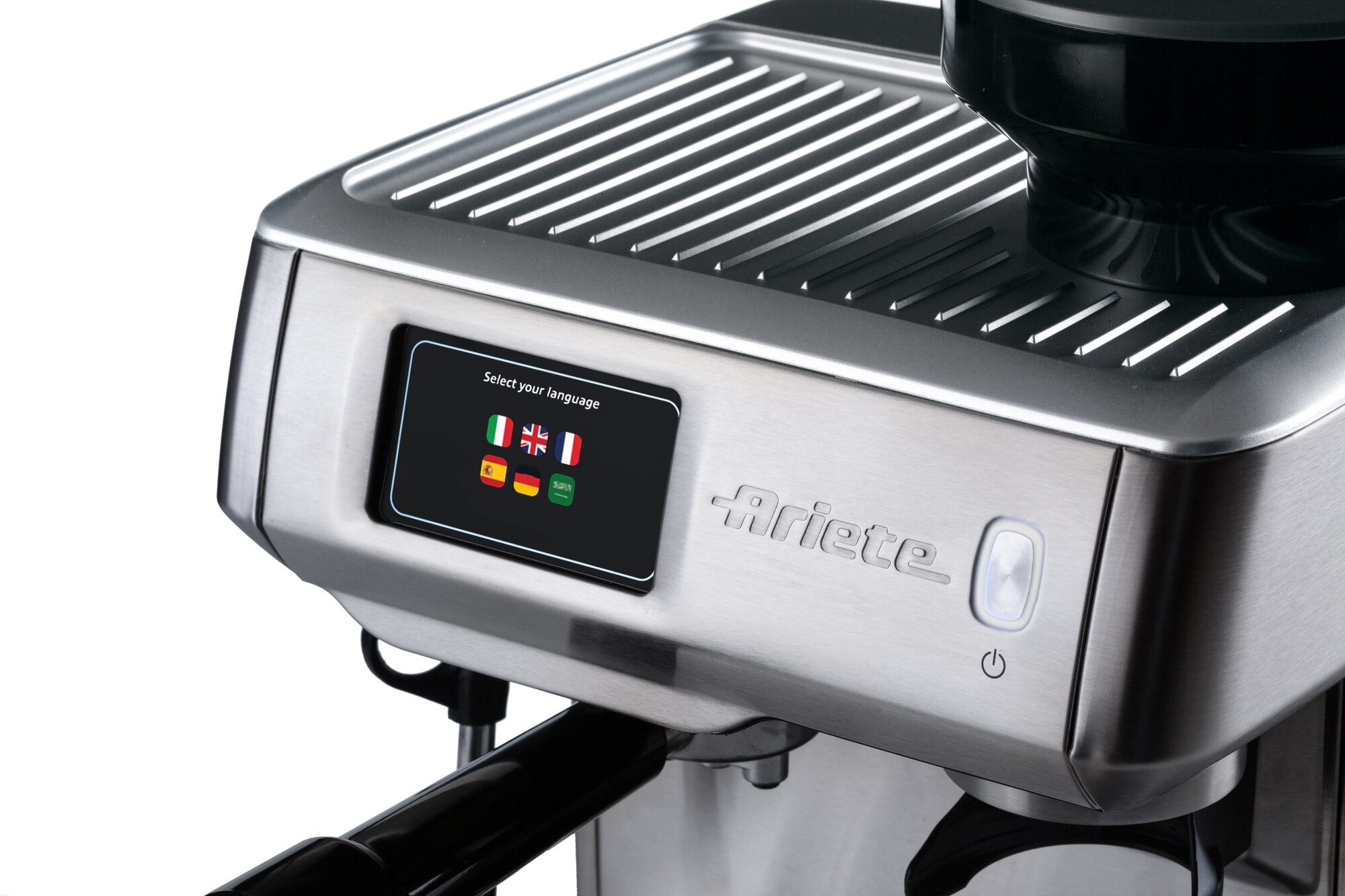 Ein silberner Kaffeeautomat mit einem Bildschirm, der Sprachenauswahl anzeigt.
