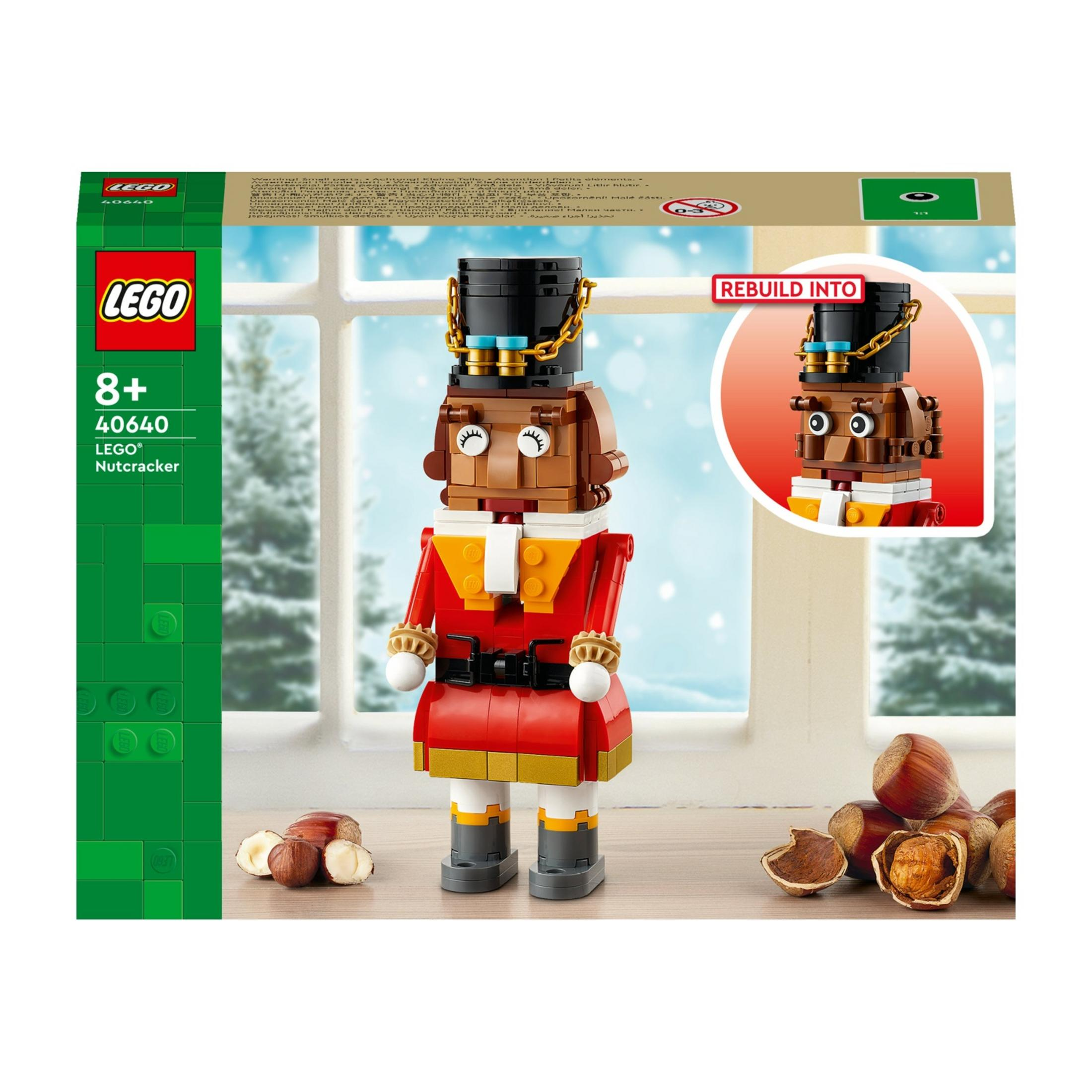 Zestaw LEGO Dziadek do Orzechów z dekoracjami z orzechów i zimowym tłem.