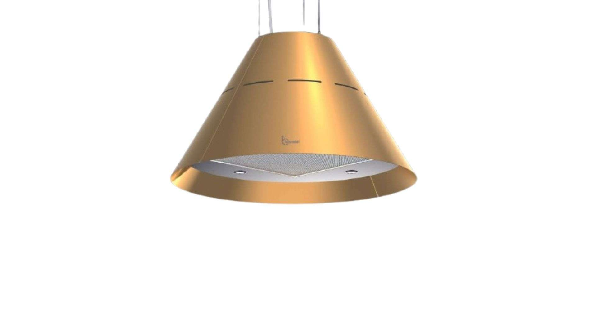 Una cappa dorata conica con luci integrate e filtro a rete.