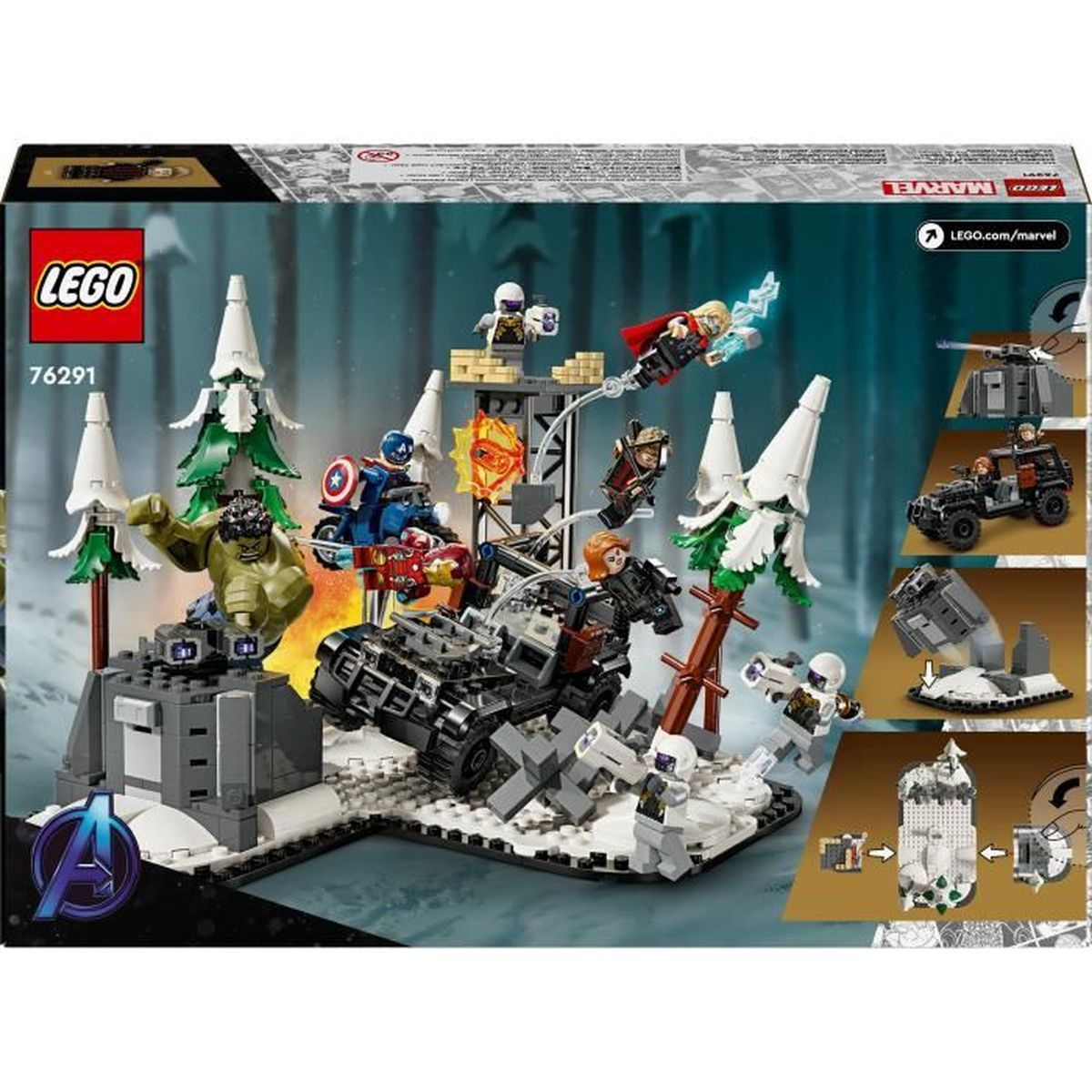 LEGO Marvel Set: Hulk, Thor, Captain America & Co. kämpfen in winterlicher Schneelandschaft.