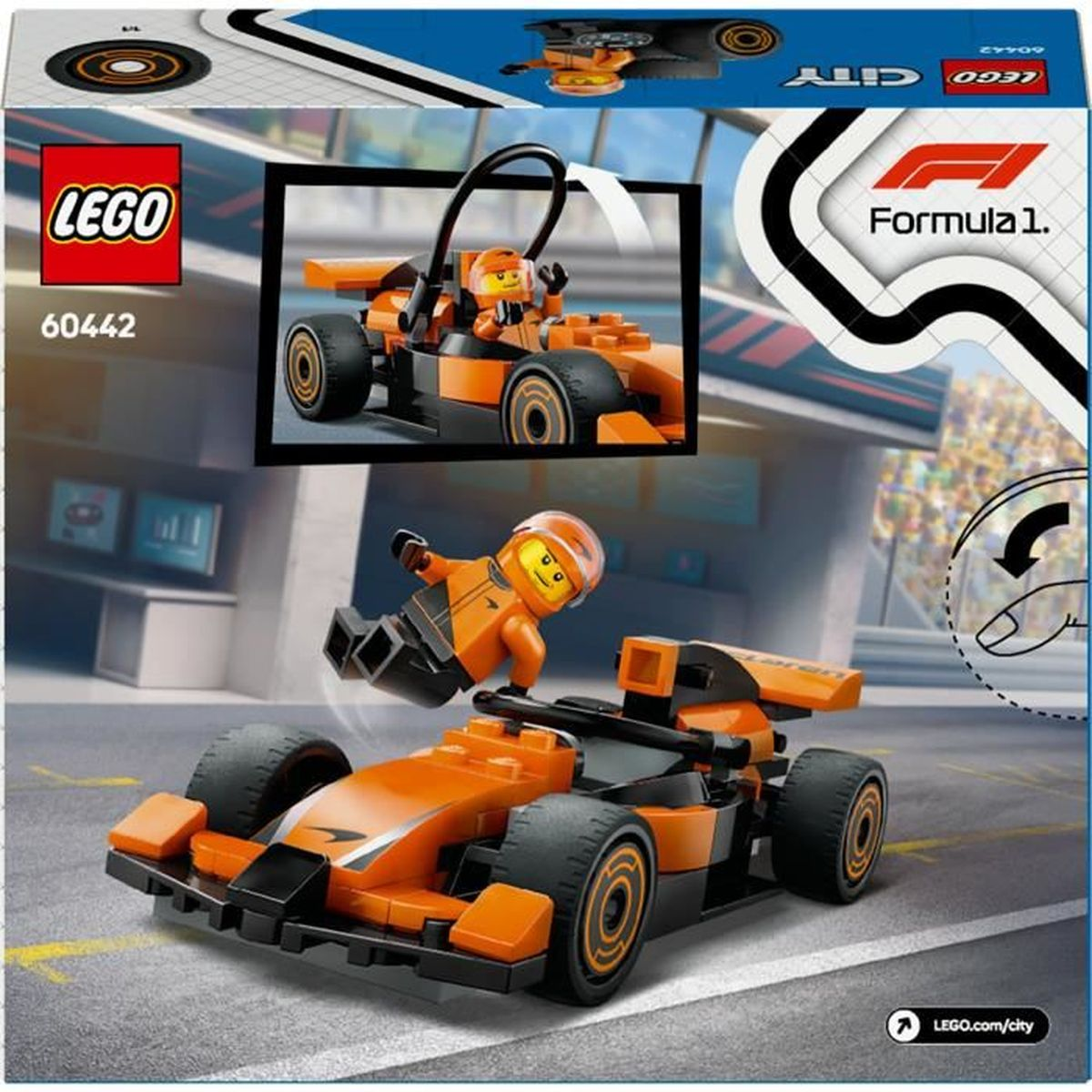 Oranje Lego Formule 1 auto met een coureur die ernaast vliegt.