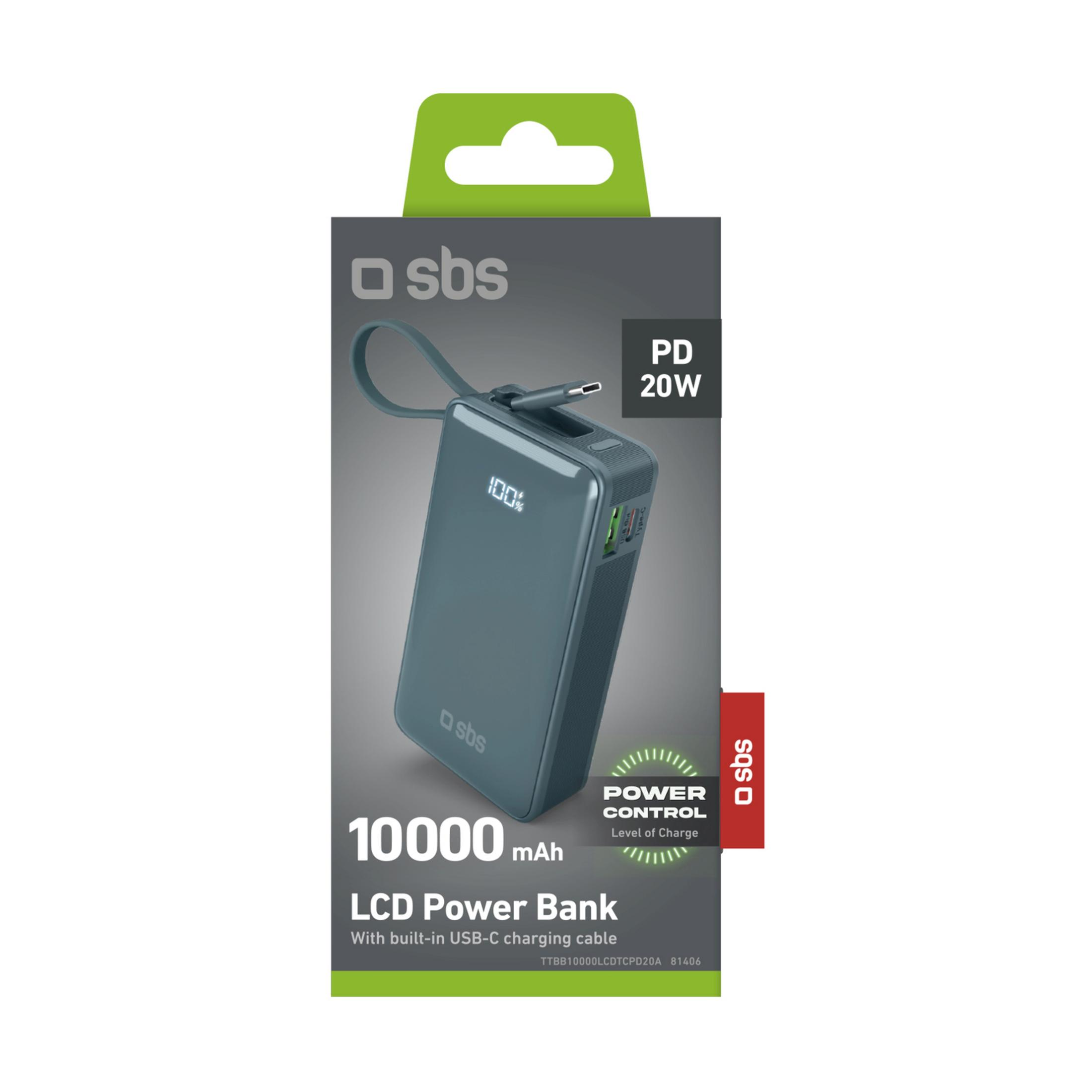Power bank SBS grigio 10000 mAh con display LCD, PD 20W e cavo USB-C.
