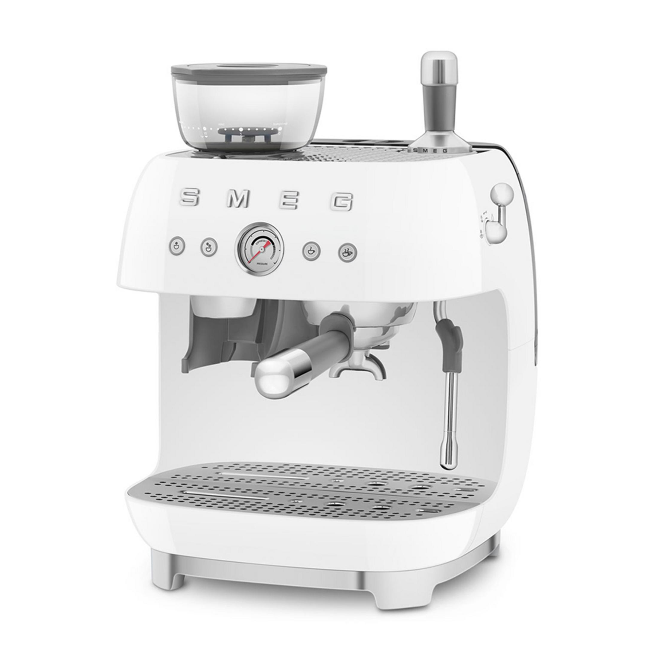 Een witte espressomachine met geïntegreerde molen en drukmeter.
