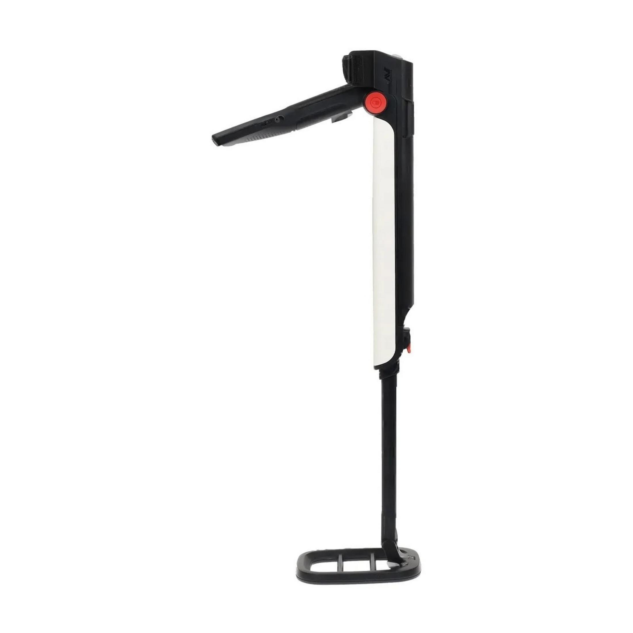 Supporto bianco e nero con braccio girevole e base.