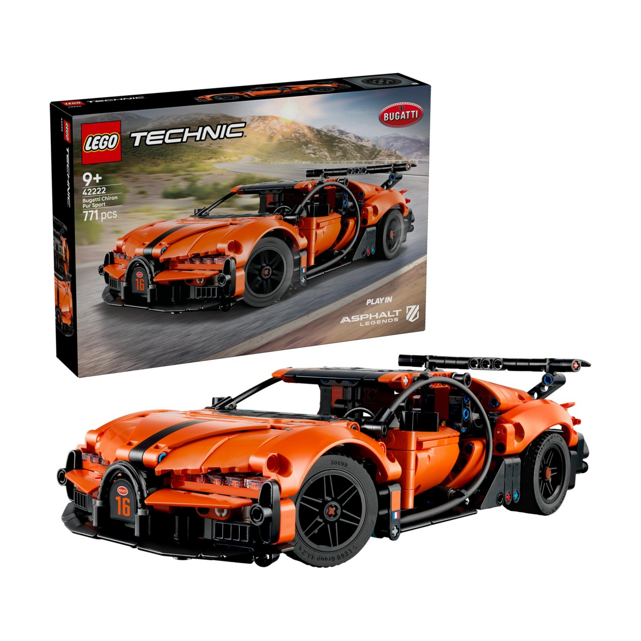 Pomarańczowy Lego Technic Bugatti Chiron Pur Sport z czarnymi paskami.