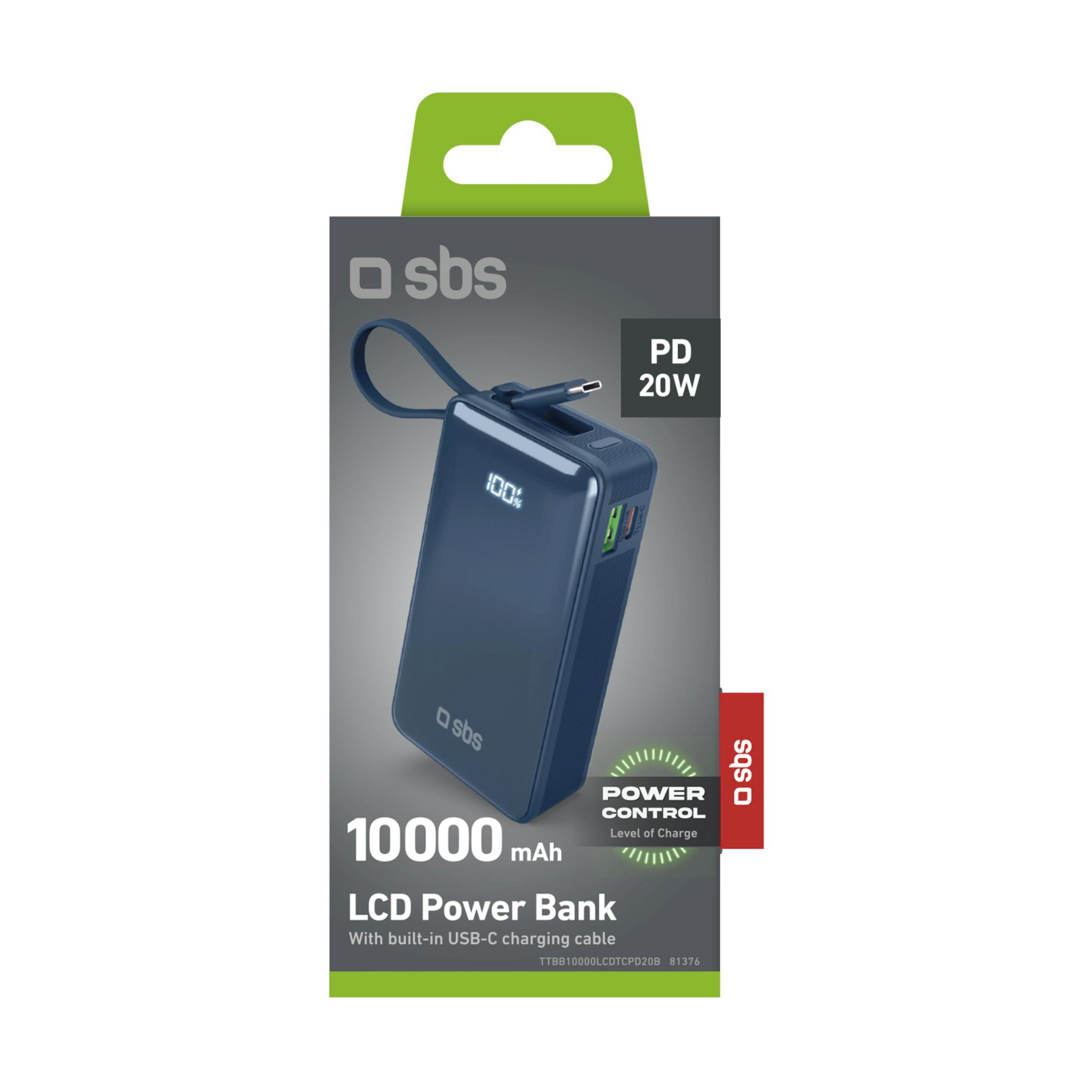 Power bank SBS blu scuro, 10000 mAh, con display LCD e cavo USB-C integrato.