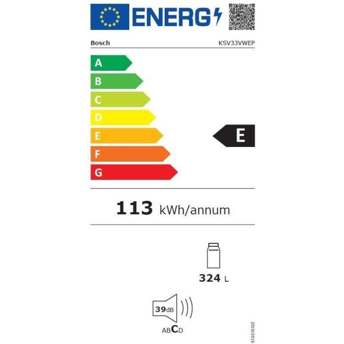 Etiqueta energética con Bosch KSV33VWEP, clase E, 113 kWh/año, 324 L, 39 dB.