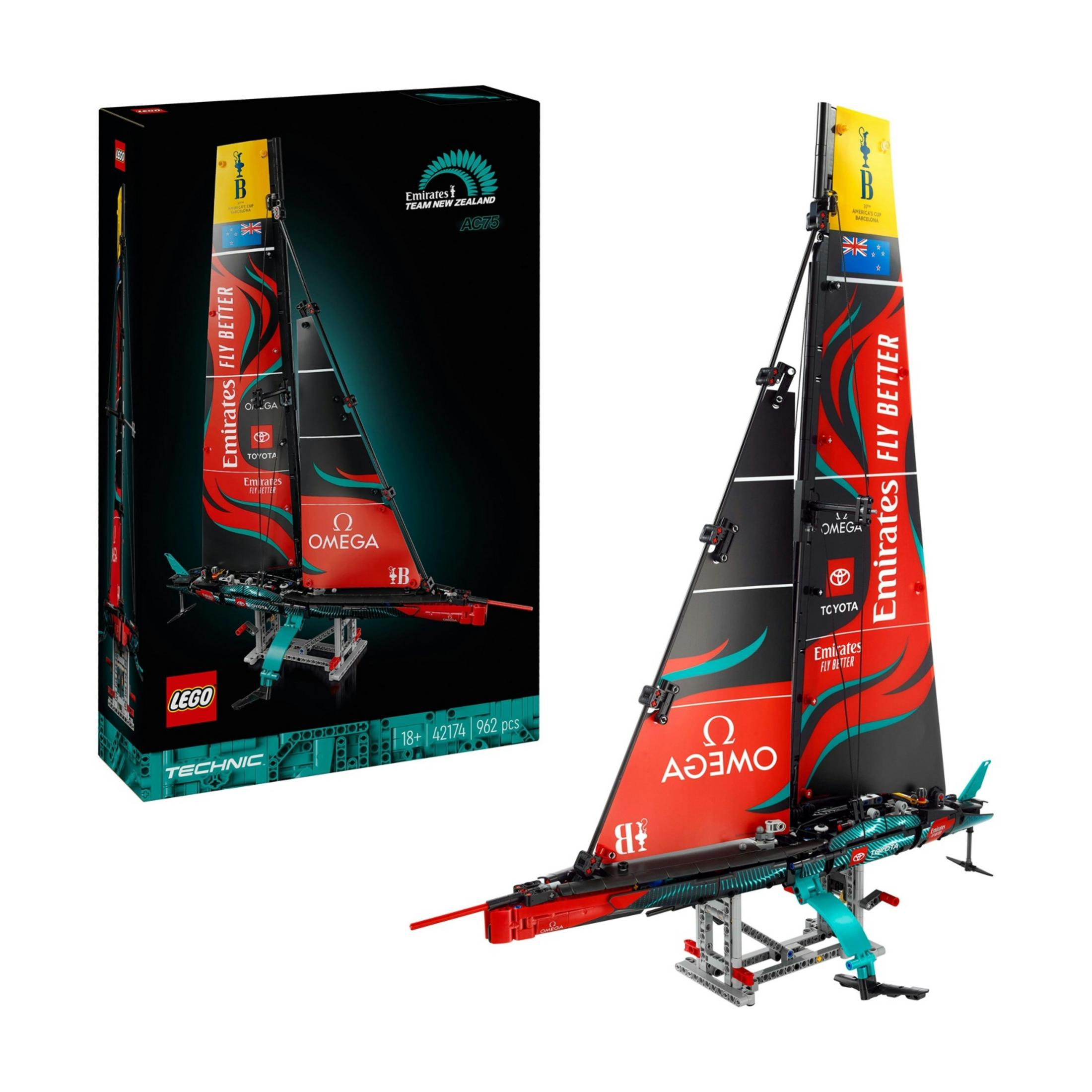 Model Lego Technic żaglówki z czerwonymi i czarnymi żaglami oraz logo Toyota.