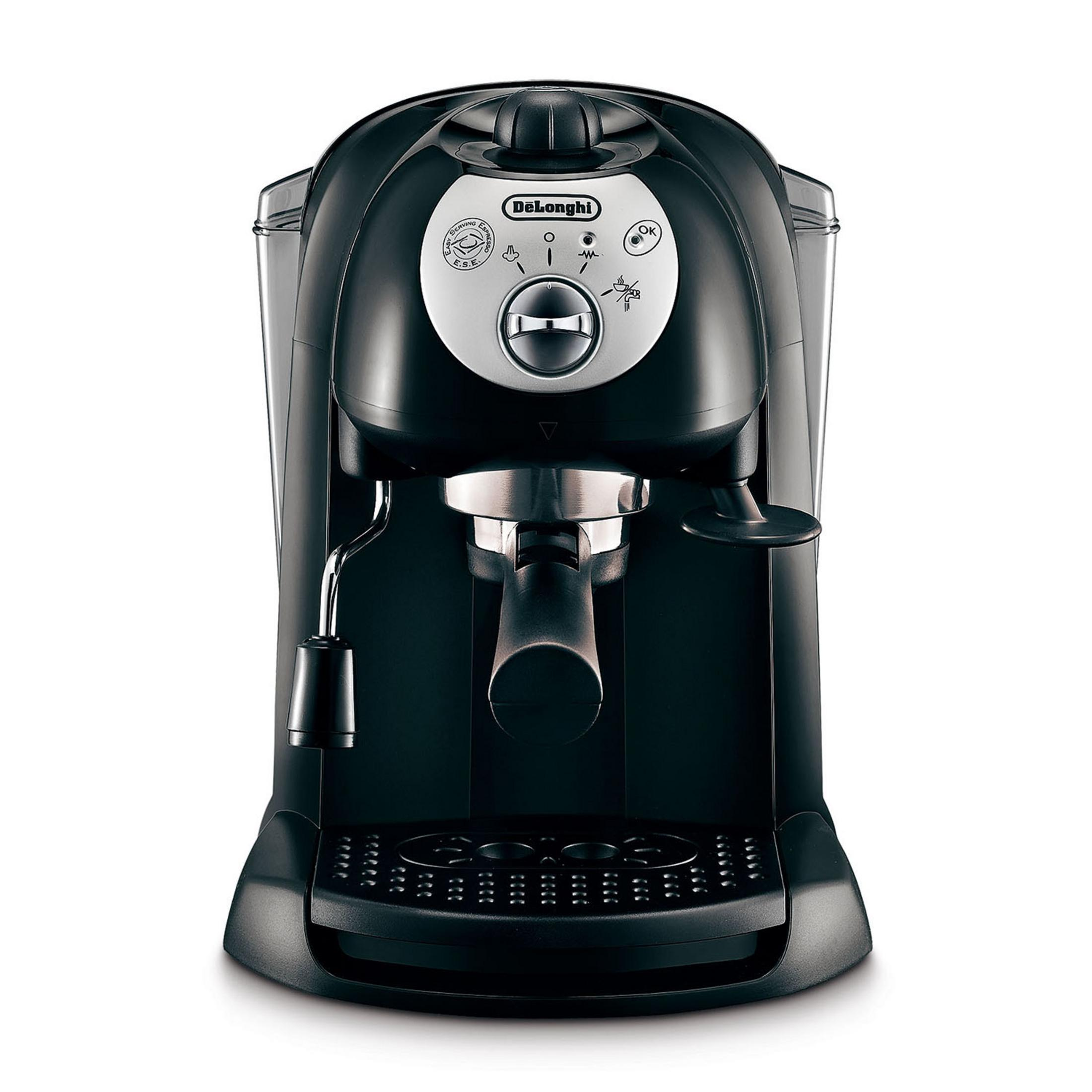 Czarny ekspres do kawy DeLonghi z srebrnym panelem sterowania i dyszą pary.