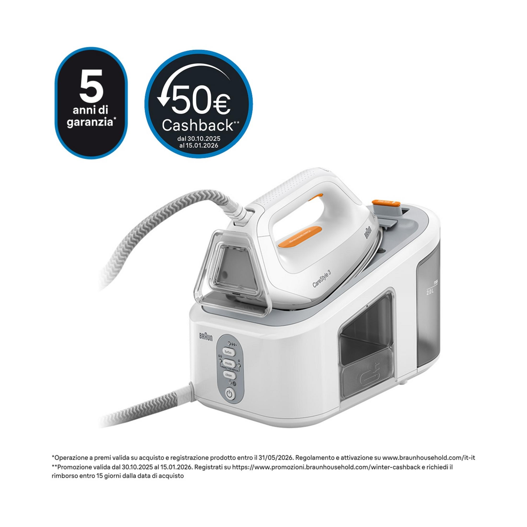 Biała stacja parowa z pomarańczowymi akcentami i ofertą cashback 50€.