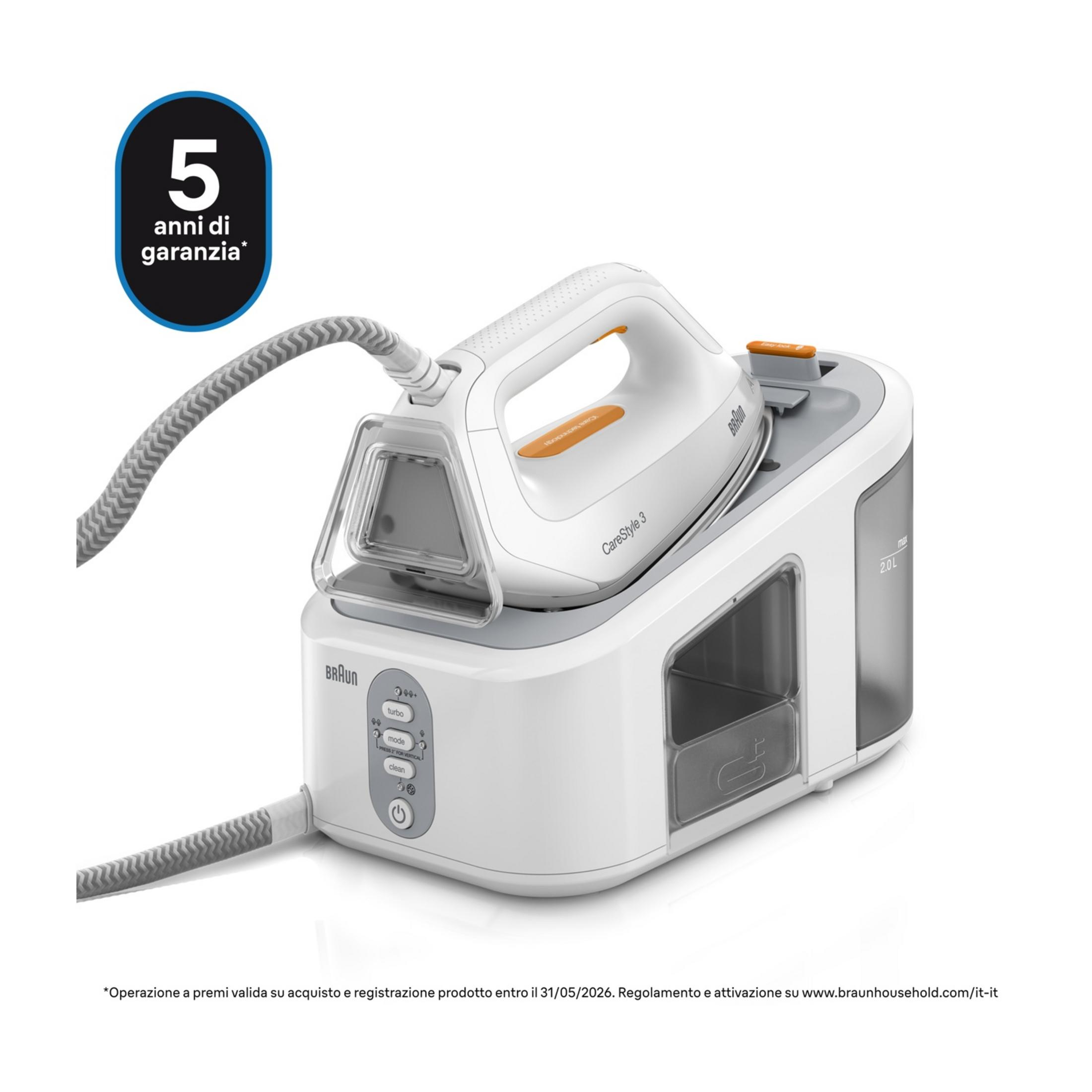 Biała stacja parowa Braun z pomarańczowymi akcentami i 5-letnią gwarancją.