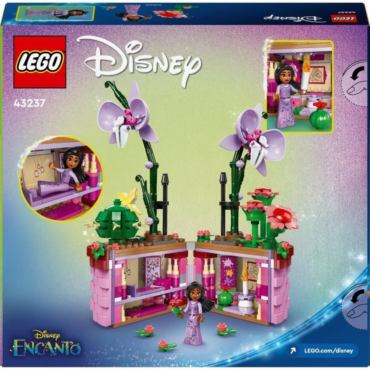 Set Lego Disney Encanto con figura de Mirabel, edificios rosas, flores moradas y árbol verde.