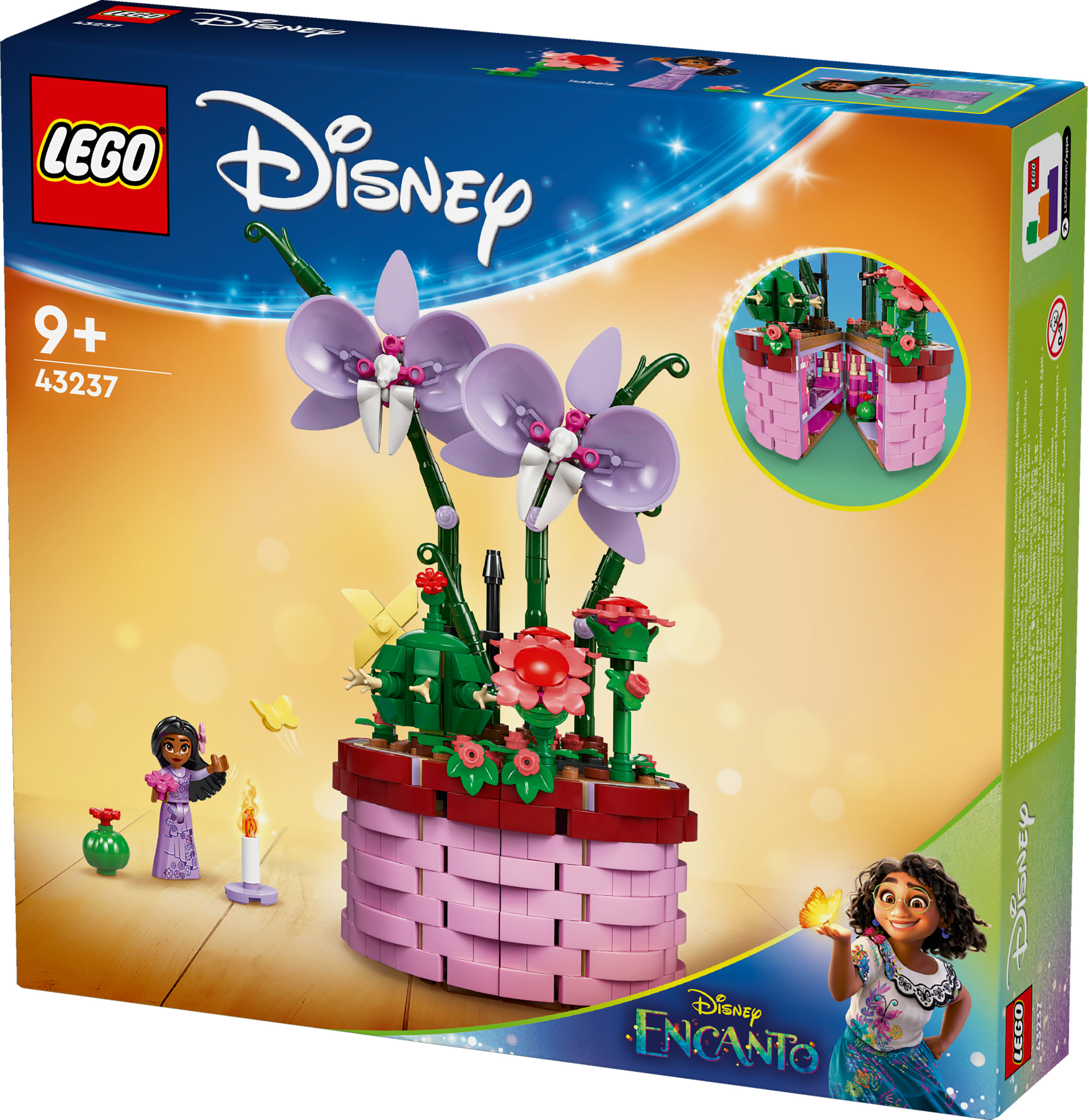 Set Lego Disney con flores, figuras y una mariposa.
